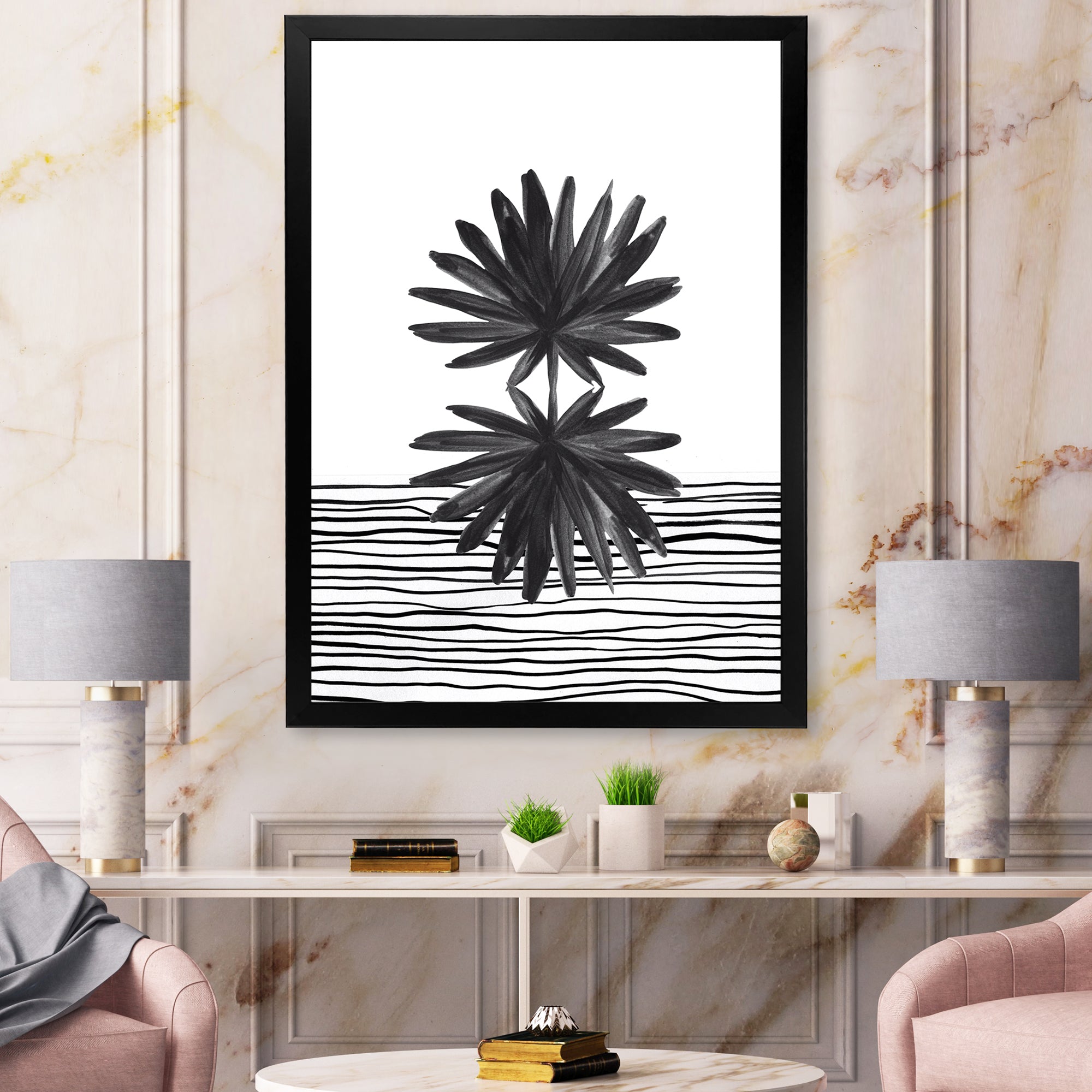 Black and White Tropical Leaf On Striped II