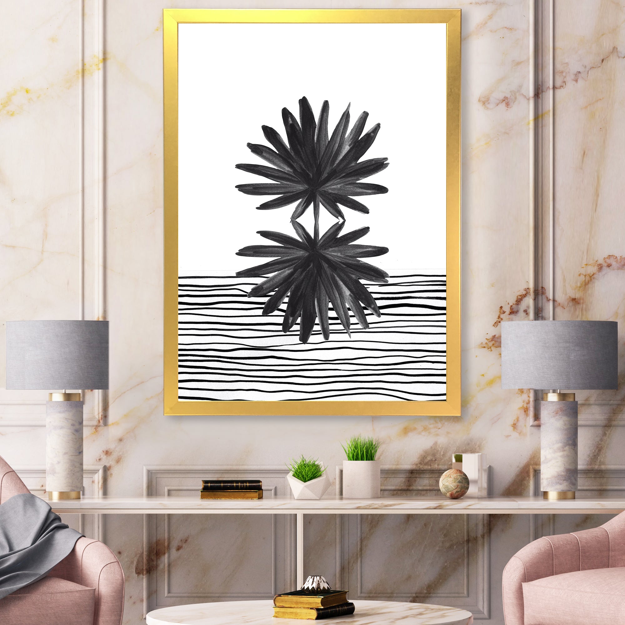 Black and White Tropical Leaf On Striped II