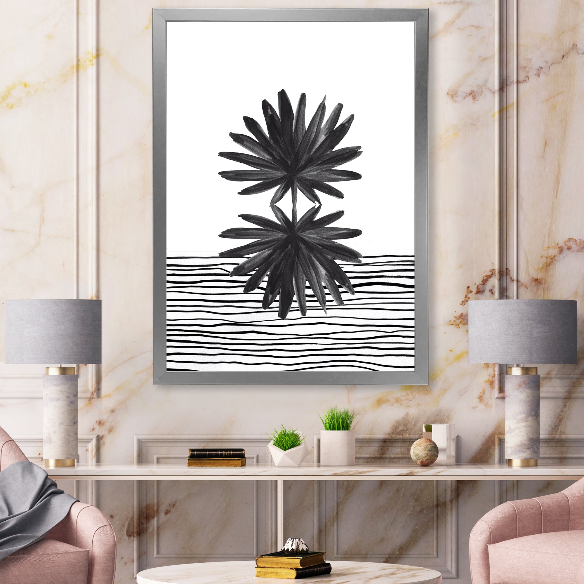 Black and White Tropical Leaf On Striped II