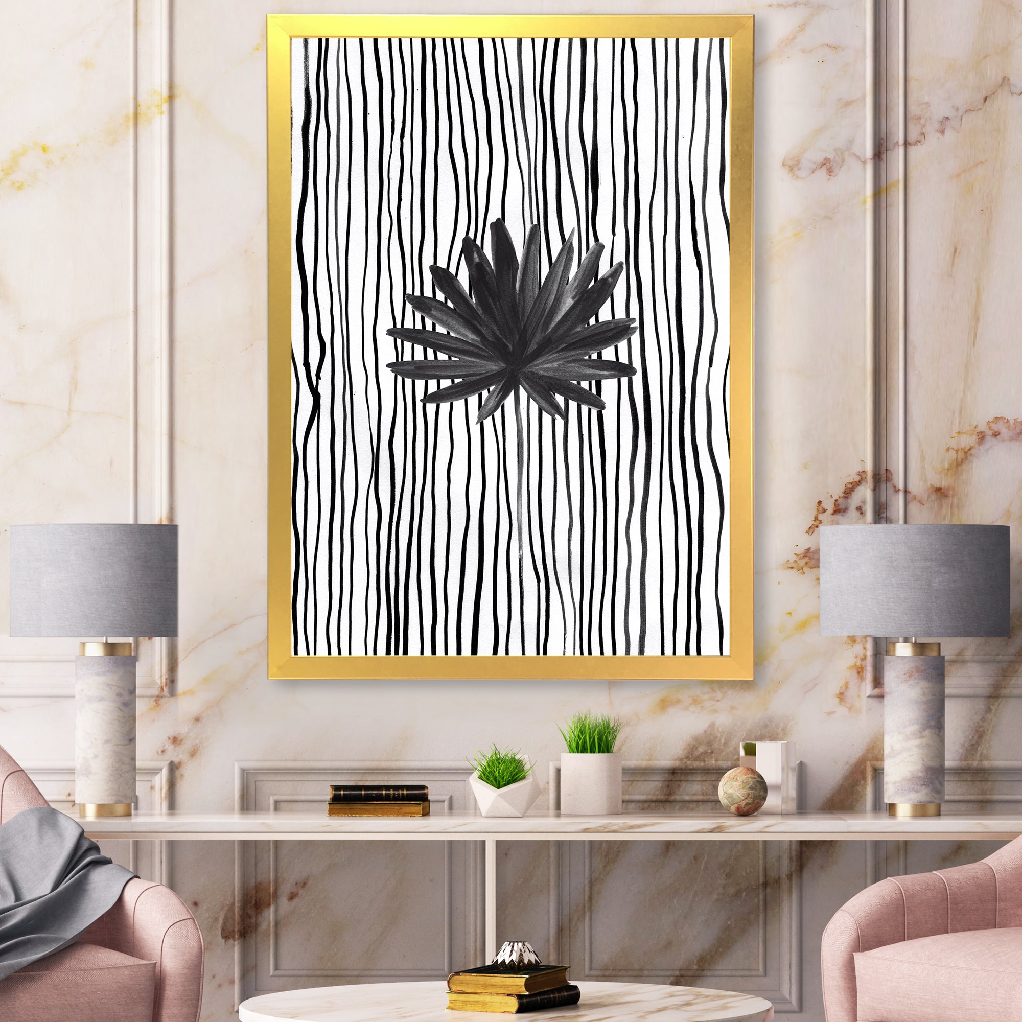 Black and White Tropical Leaf On Striped III