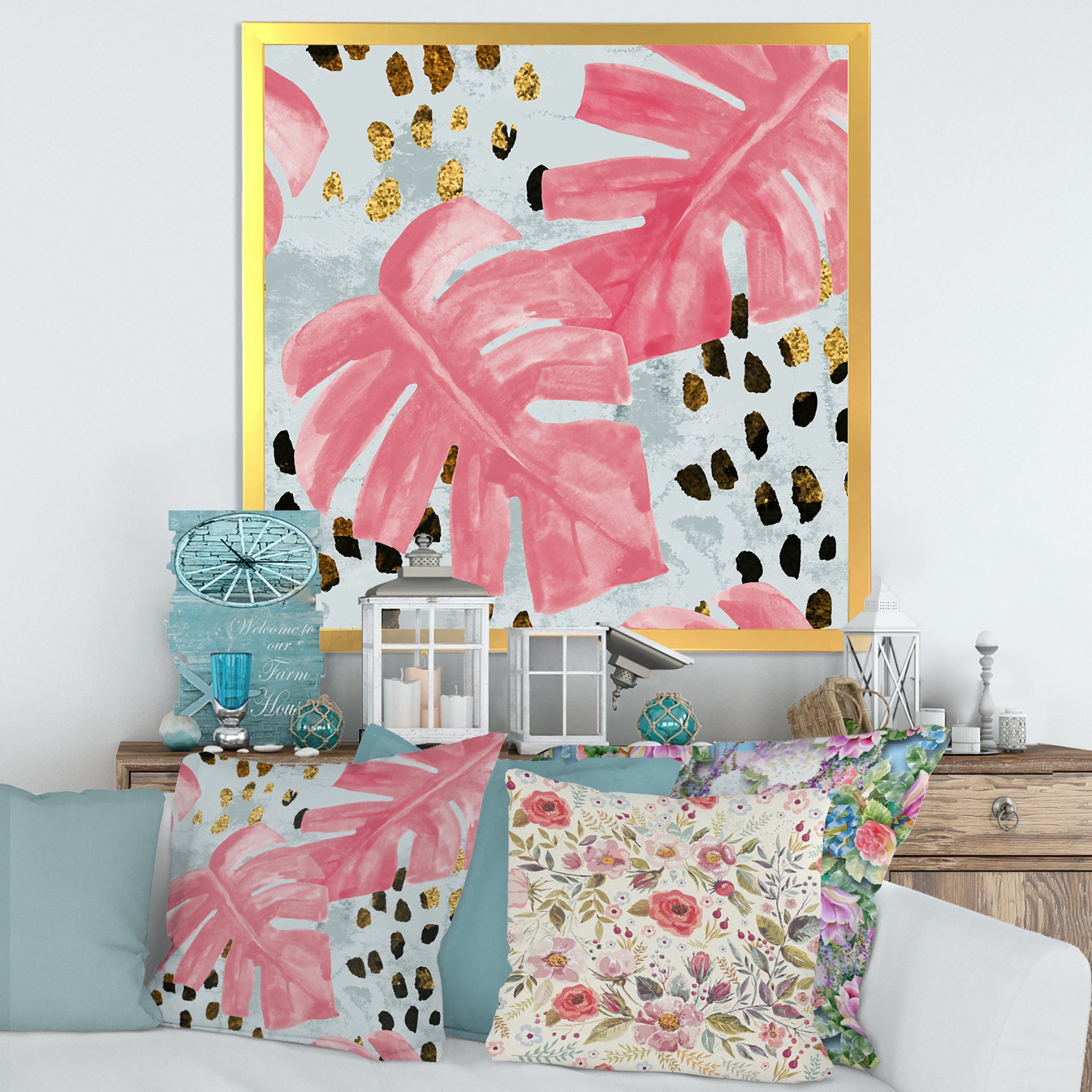 Pink Colored Monstera On Rough Brush Strokes II