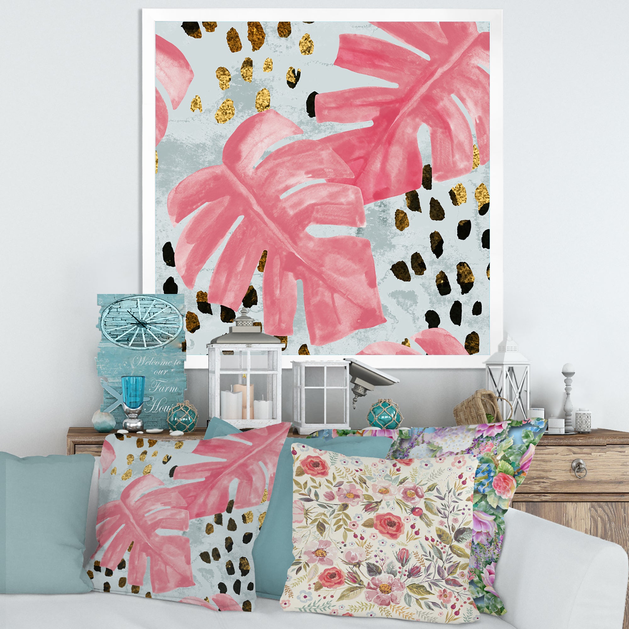 Pink Colored Monstera On Rough Brush Strokes II