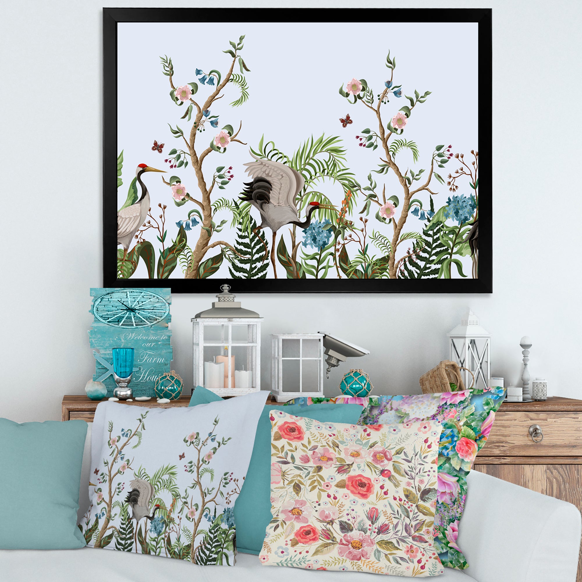 Border With Cranes & Peonies In Chinoiserie Style