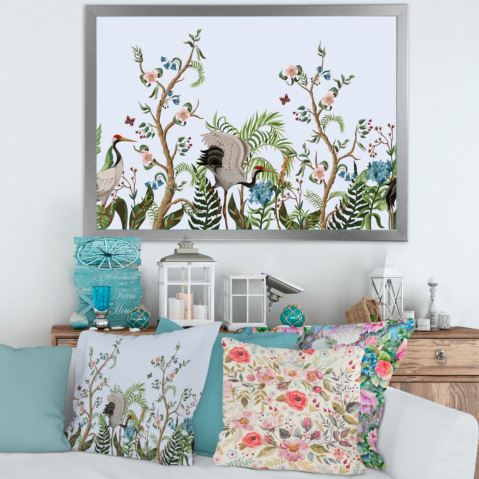 Border With Cranes & Peonies In Chinoiserie Style