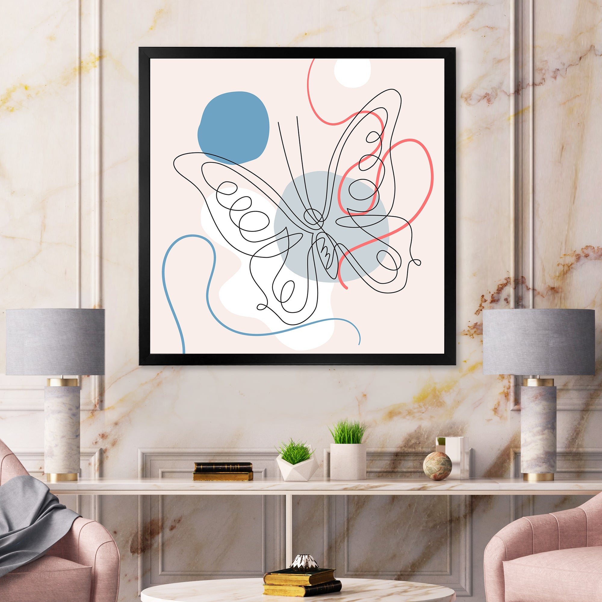 Butterfly One Line Drawing On Cubism Shapes III