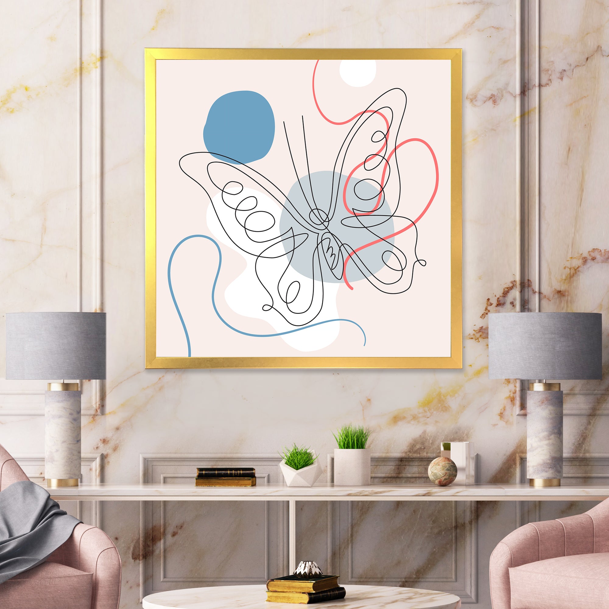 Butterfly One Line Drawing On Cubism Shapes III