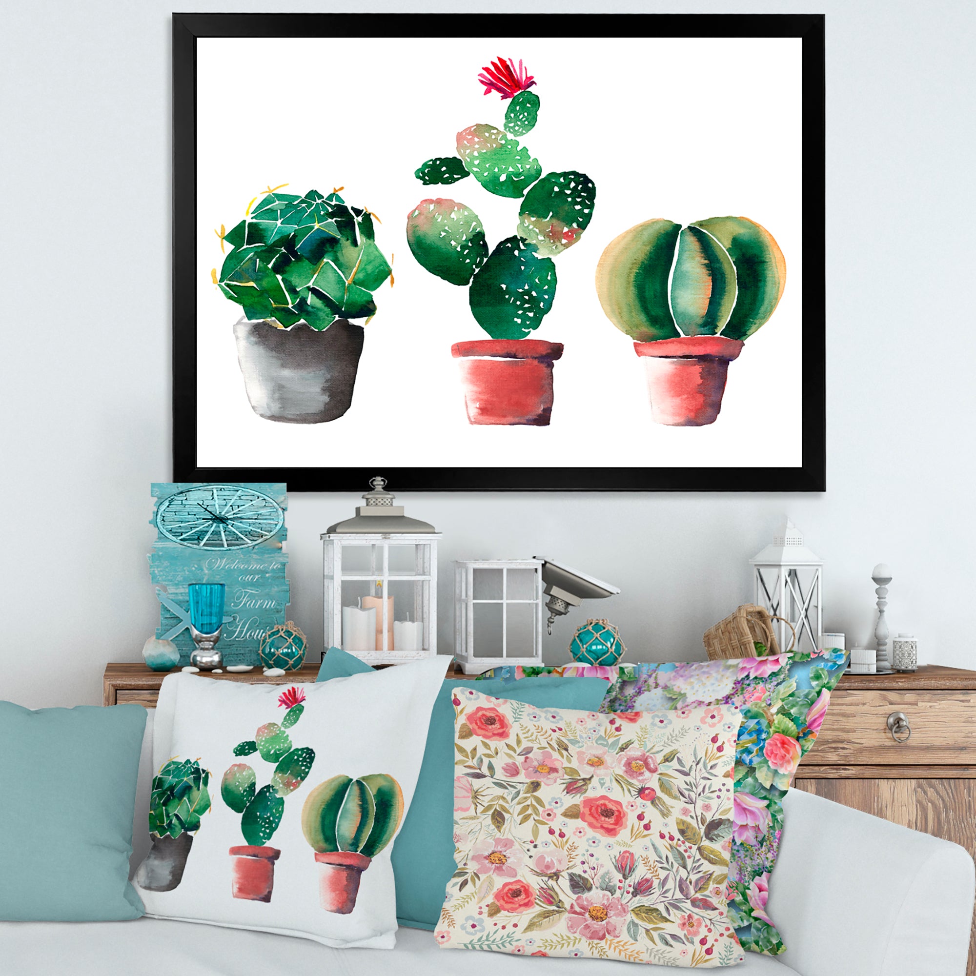 Three Cactus In Clay Pots