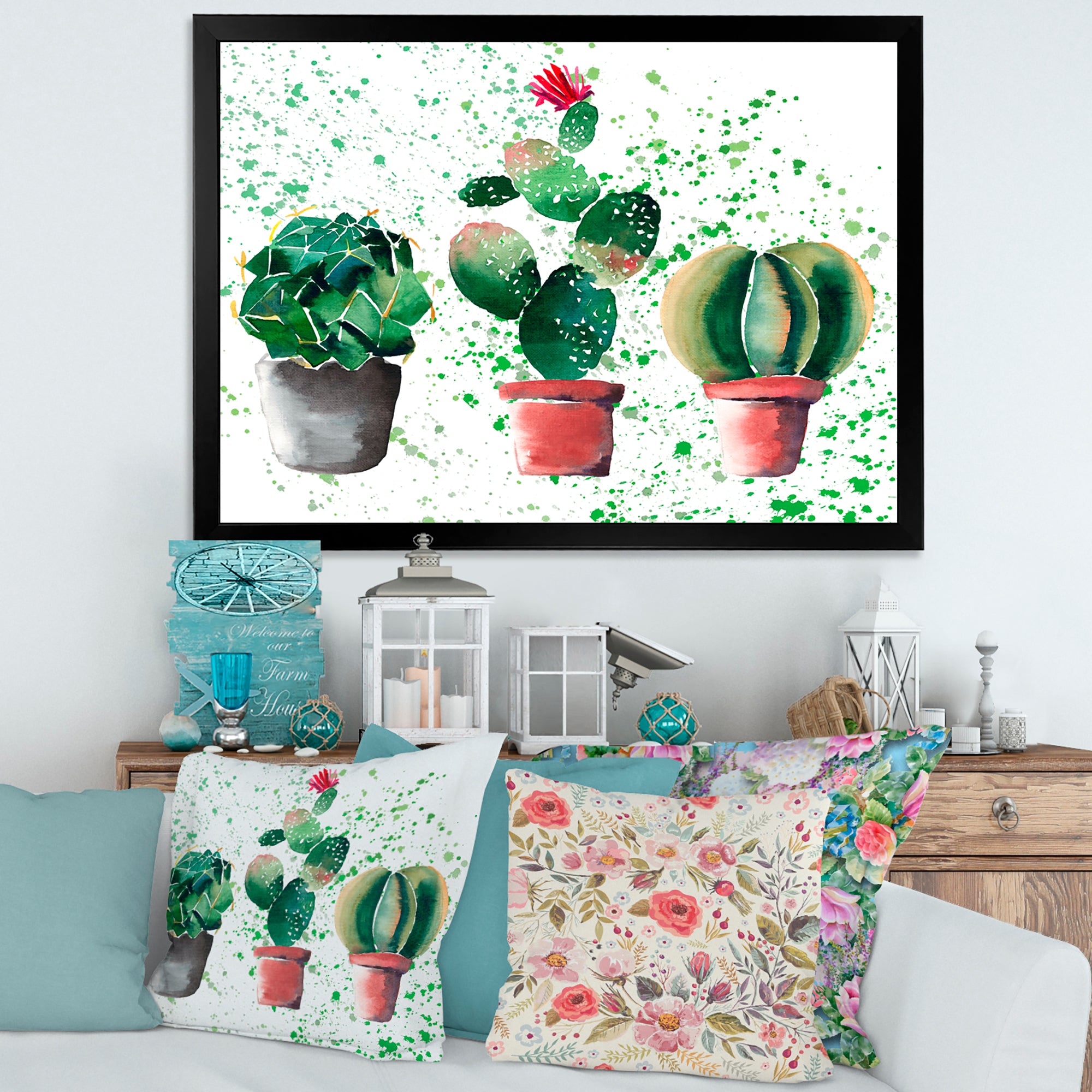 Three Cacti In Clay Pots