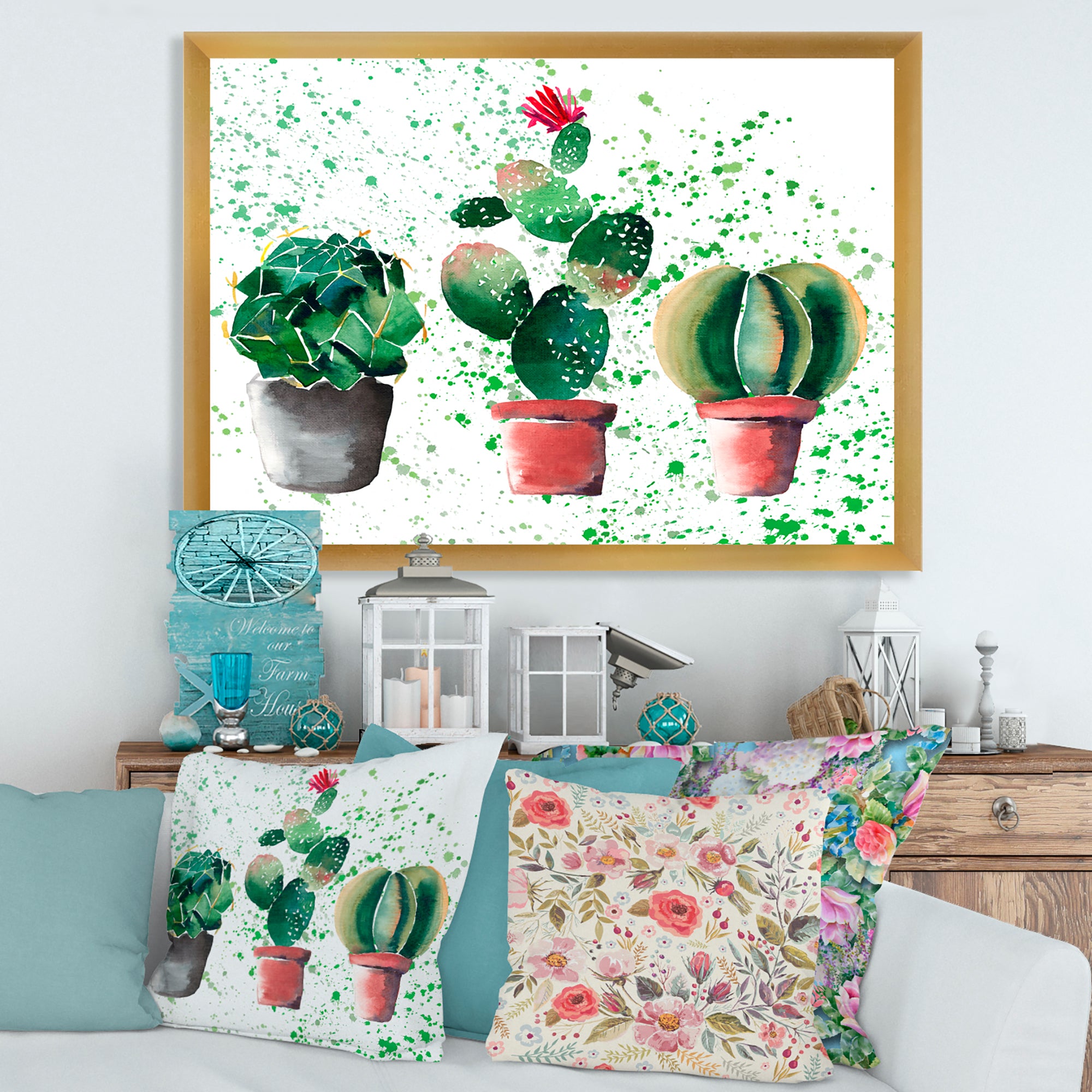 Three Cacti In Clay Pots