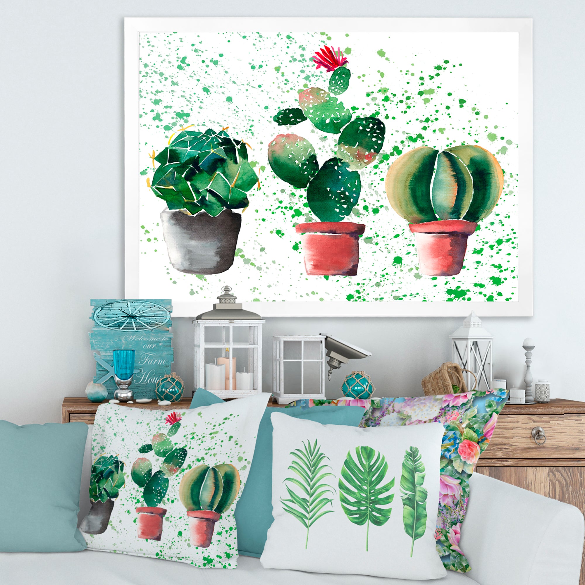 Three Cacti In Clay Pots