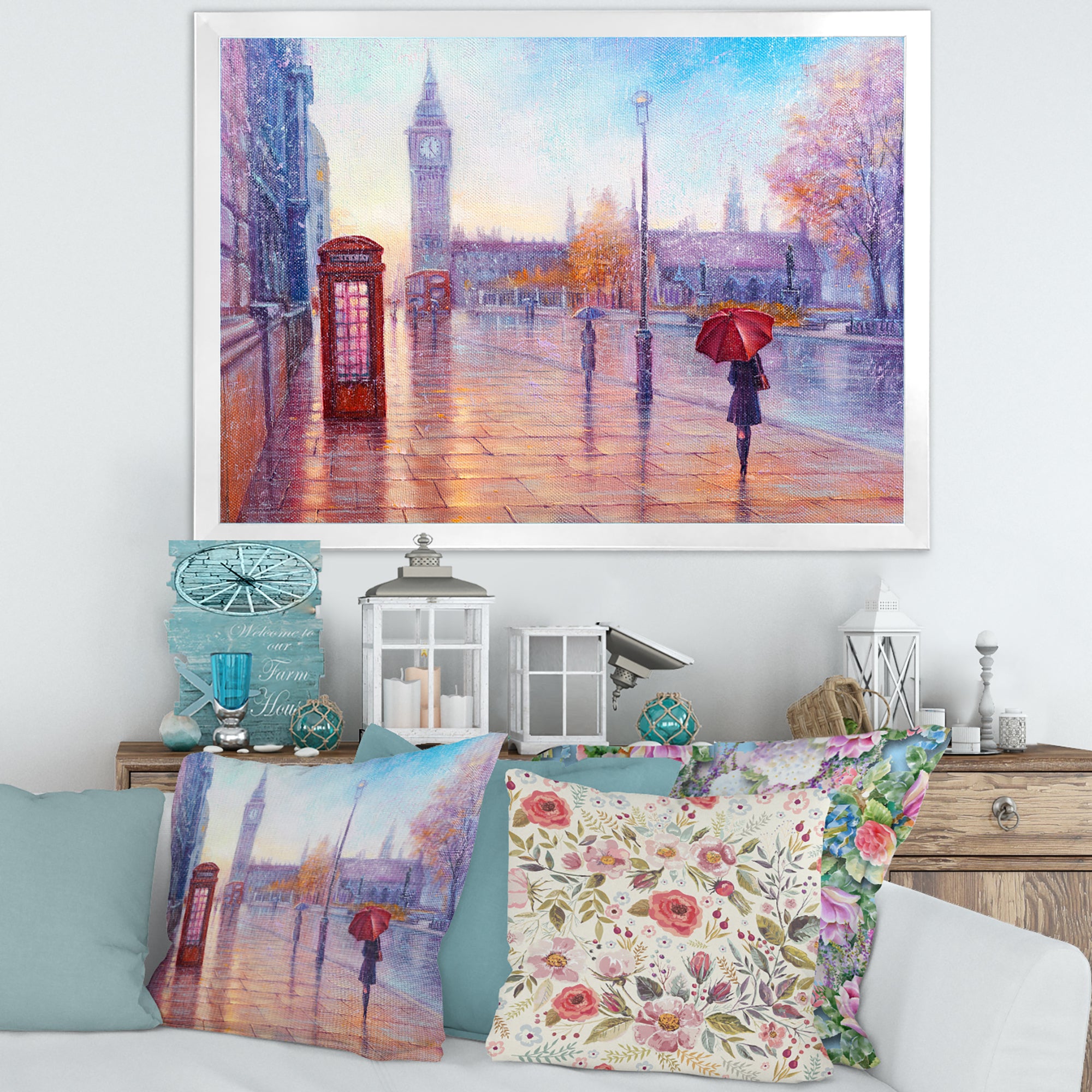 Big Ben and Woman With Red Umbrella In London
