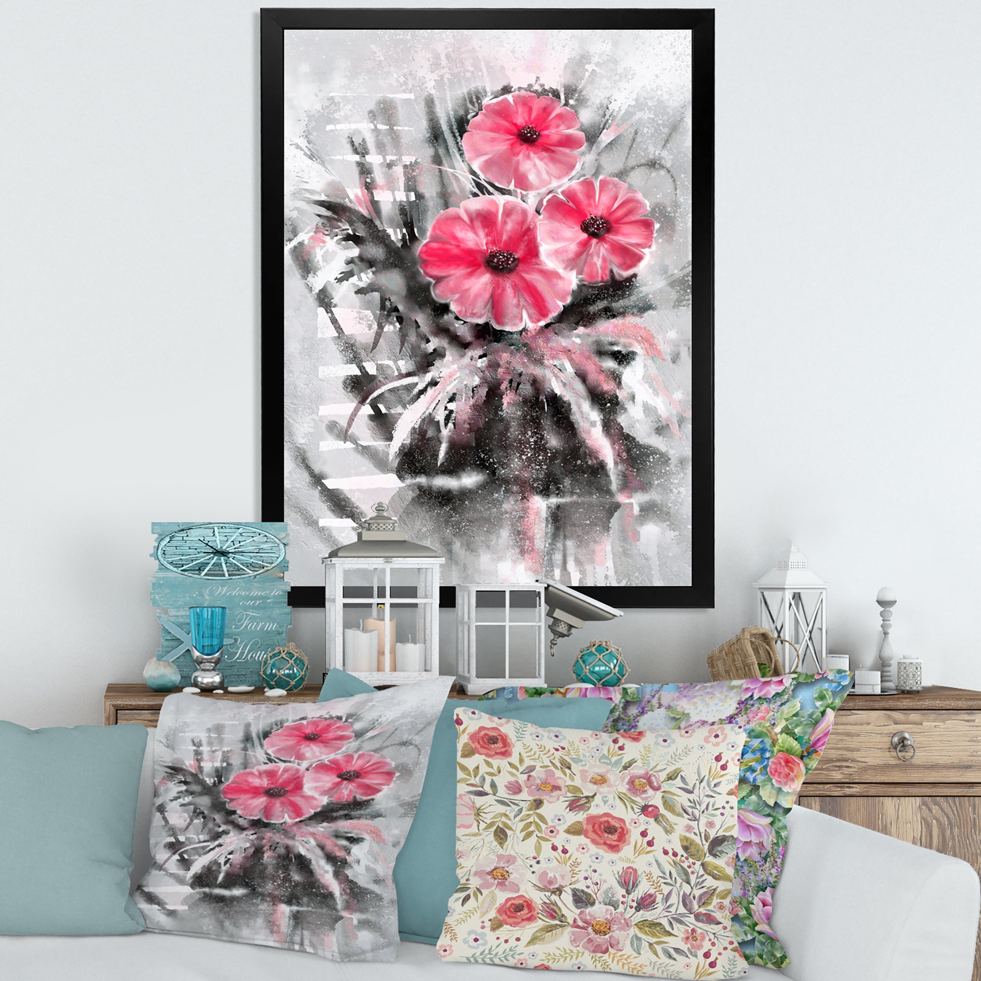 Abstract Red Flowers On Gray