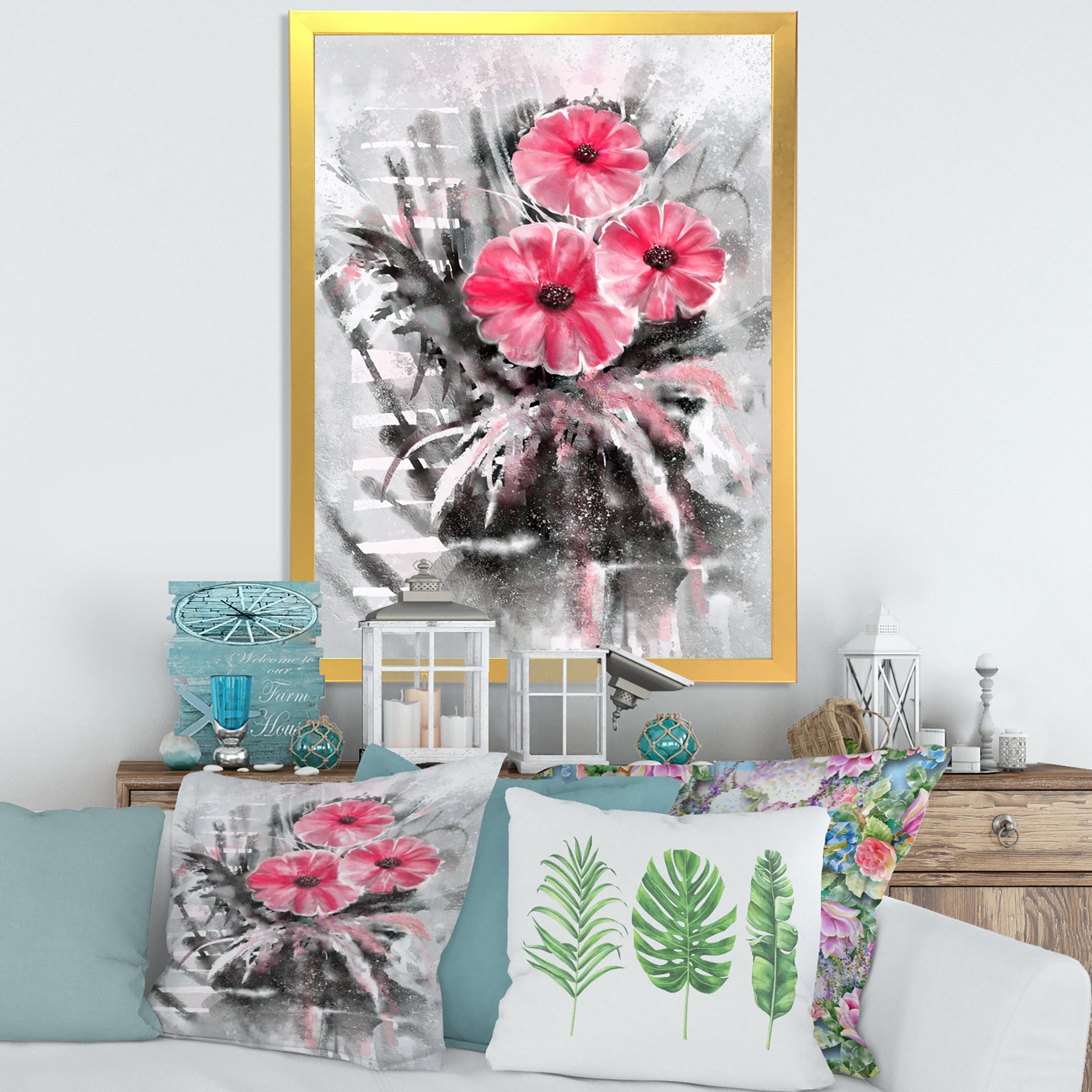Abstract Red Flowers On Gray