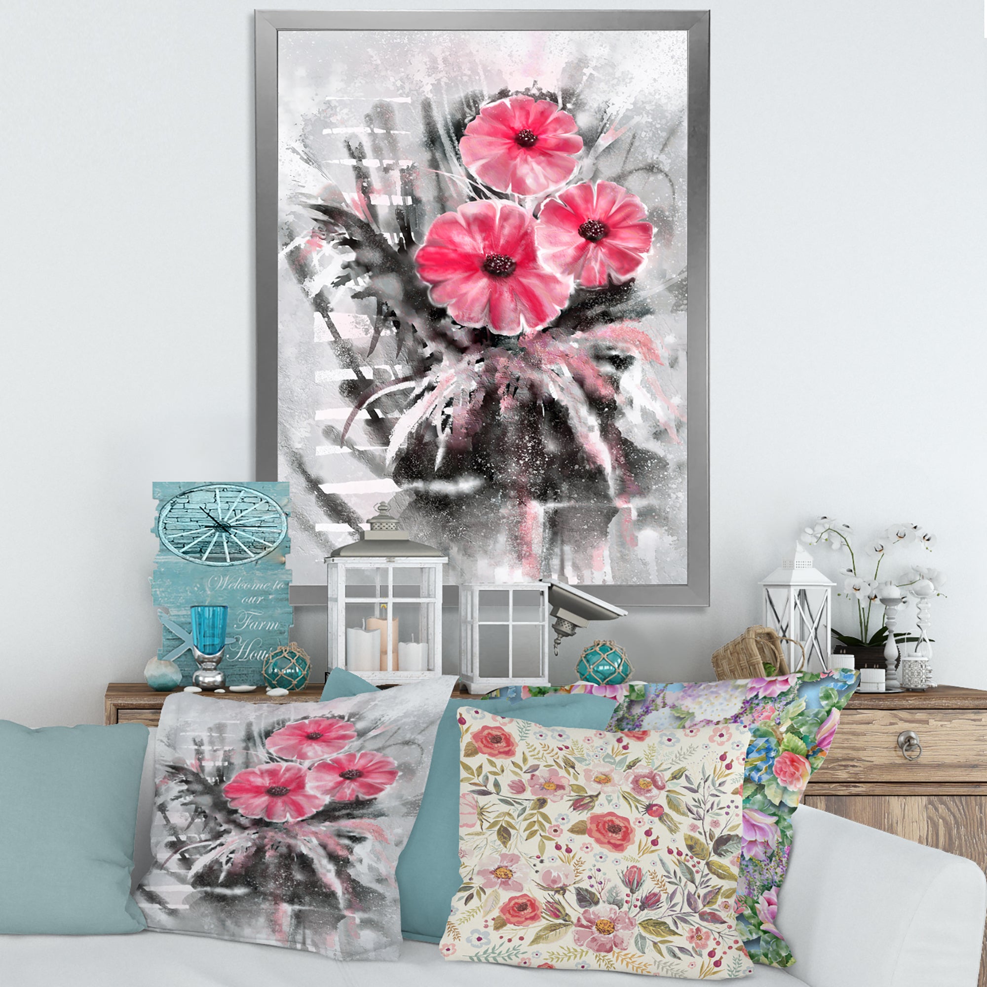 Abstract Red Flowers On Gray