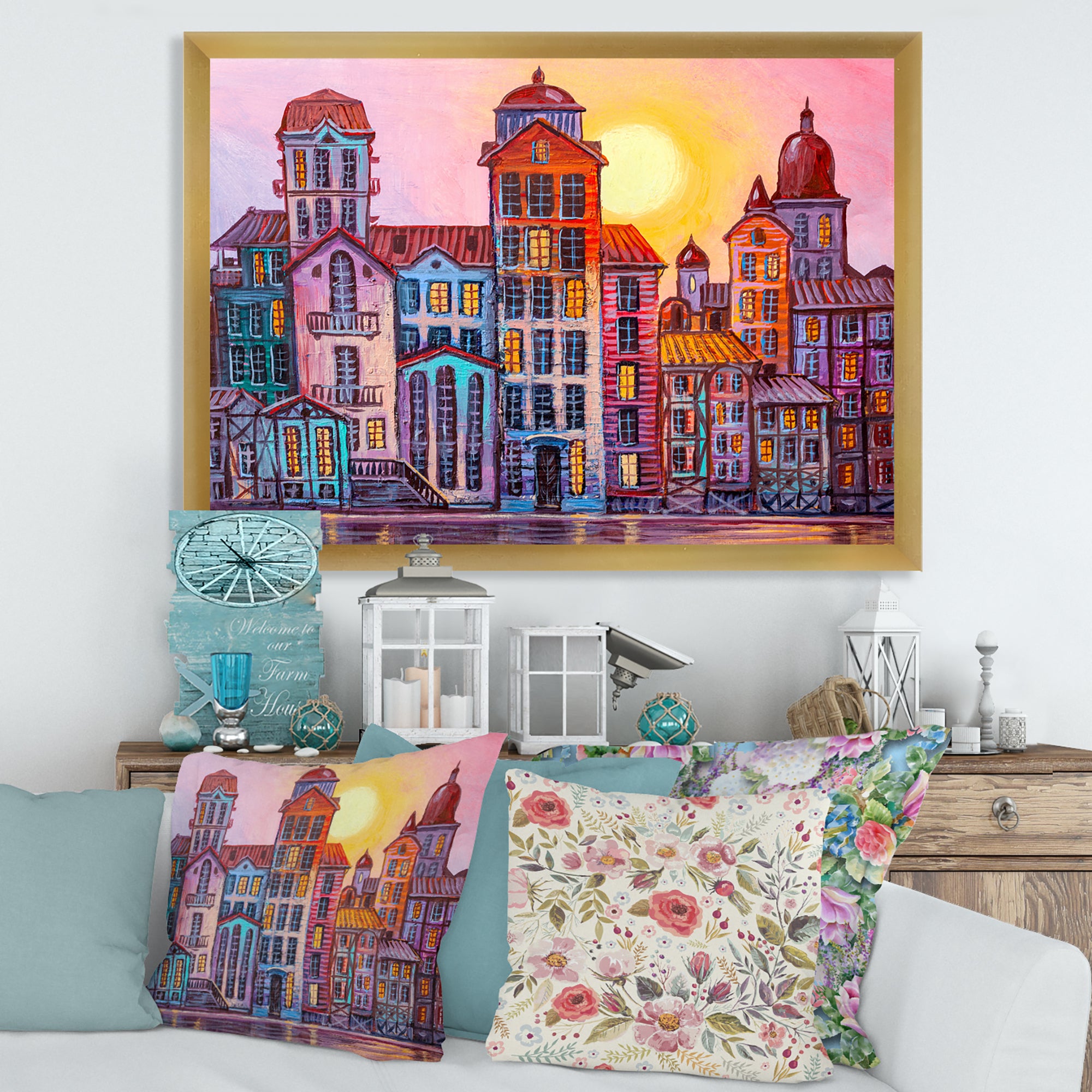 Street Scene In Old Town With Colorful Buildings