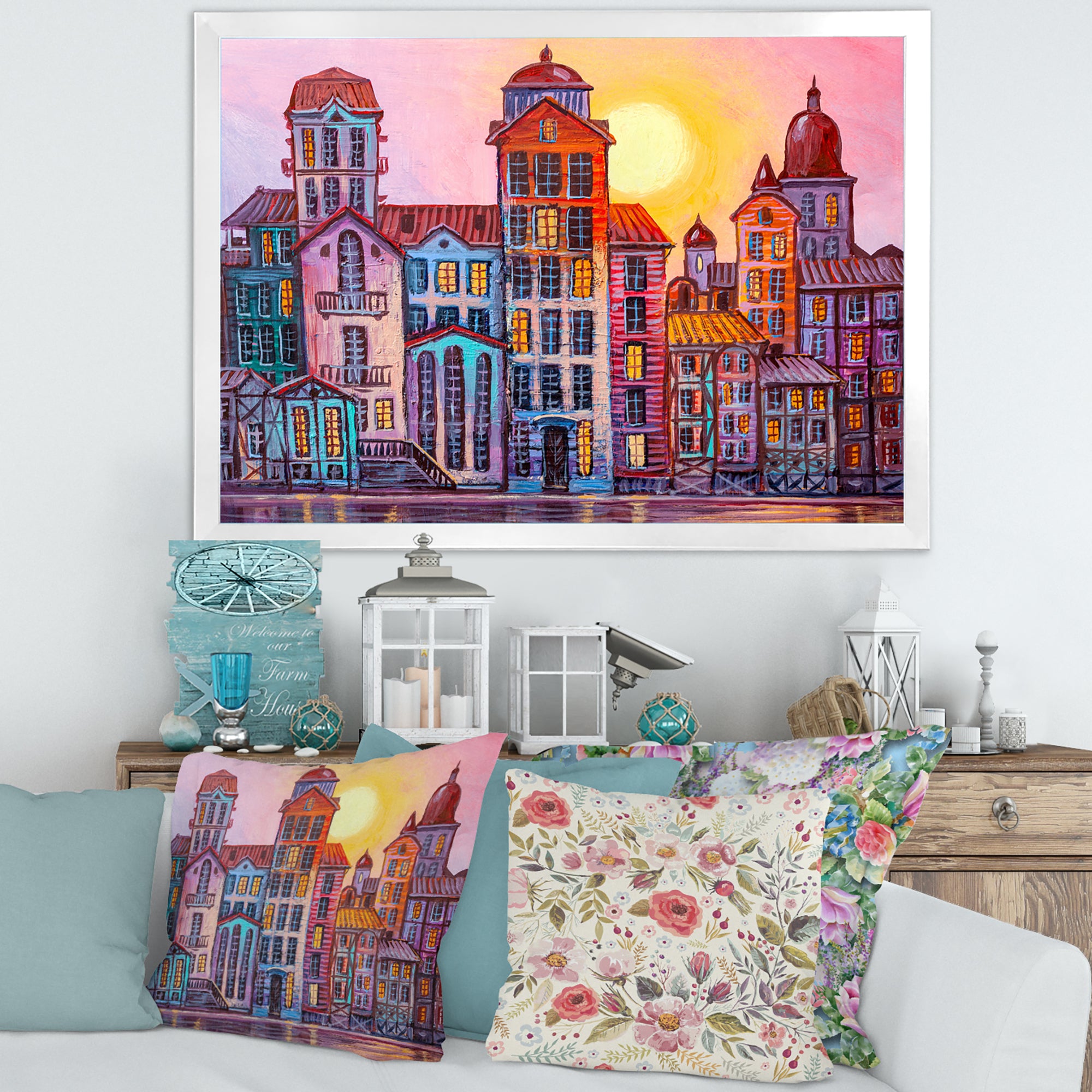 Street Scene In Old Town With Colorful Buildings