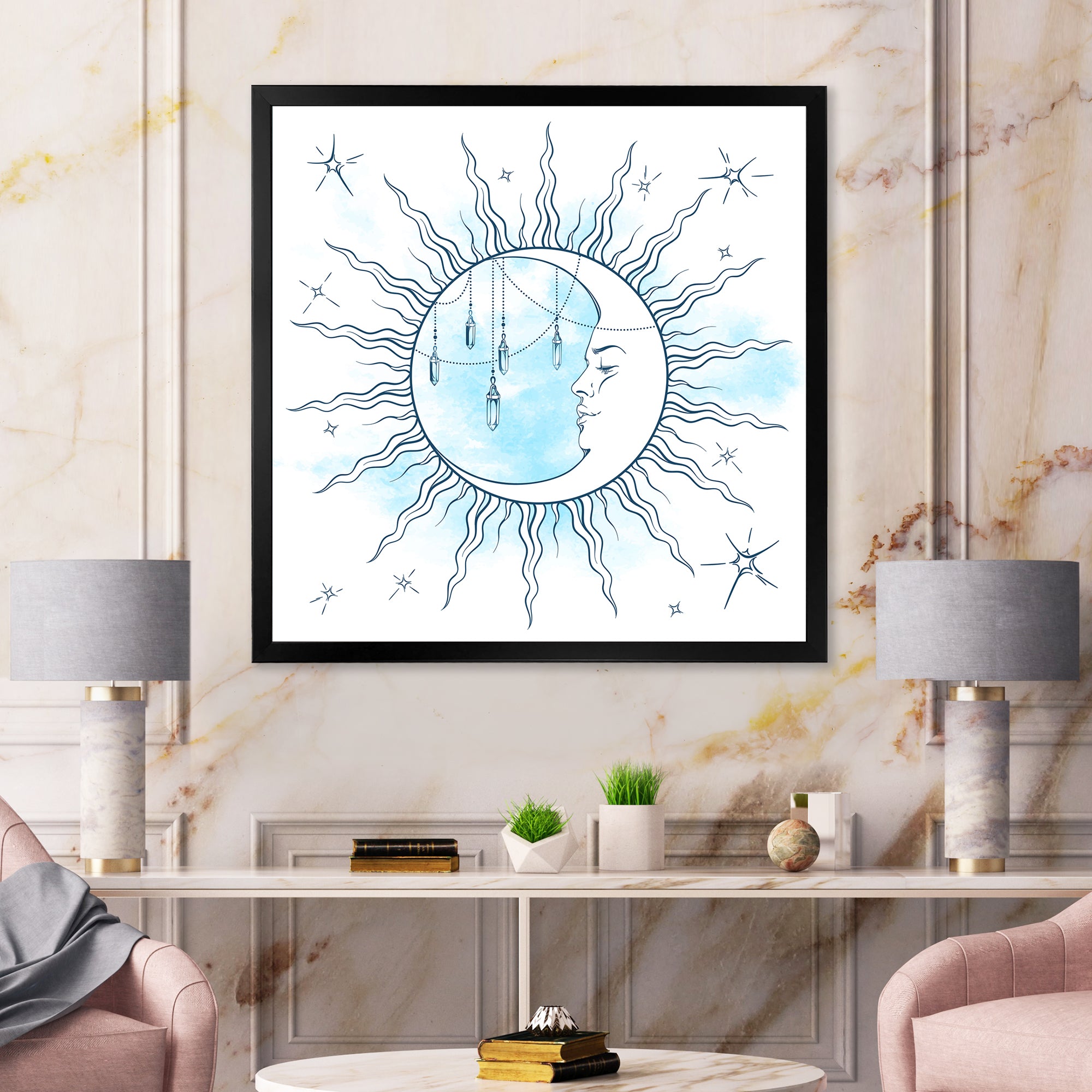 Blue Crescent Moon With Moonstone Pendants & Stars