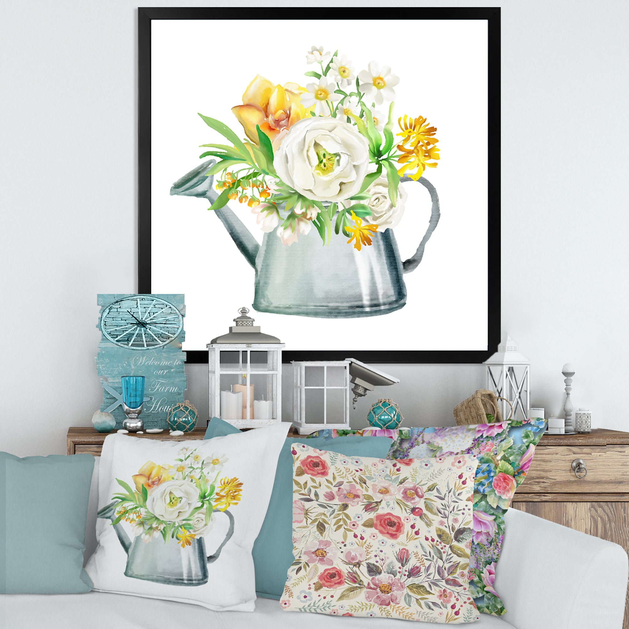 Roses Peonies & Marigolds In Garden Watering Can