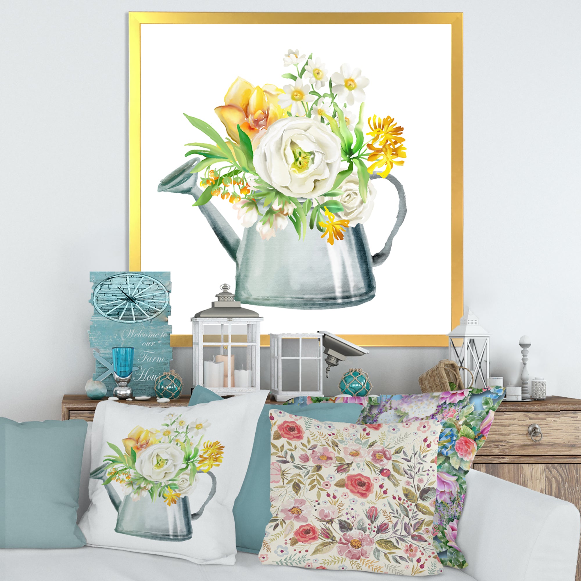 Roses Peonies & Marigolds In Garden Watering Can