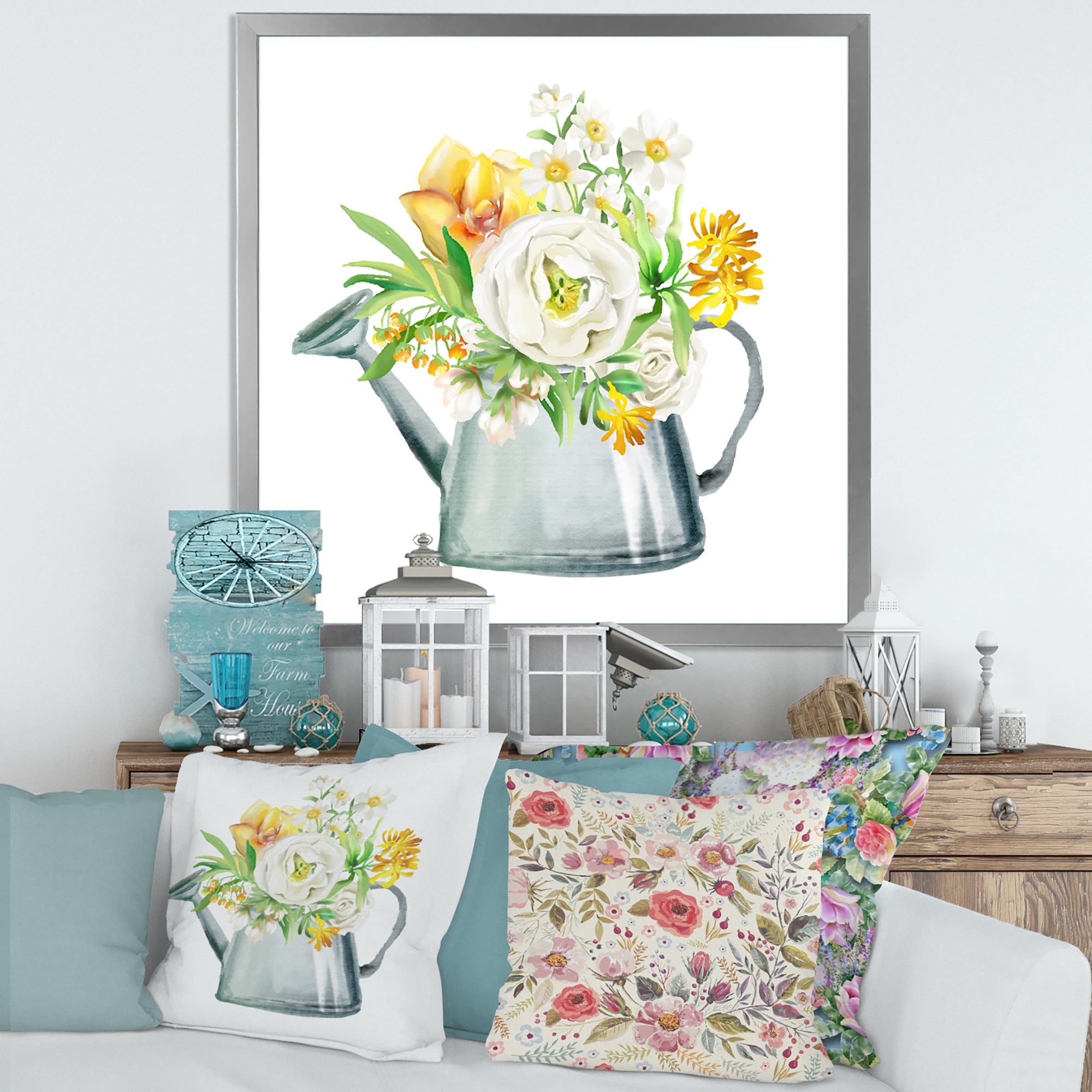 Roses Peonies & Marigolds In Garden Watering Can