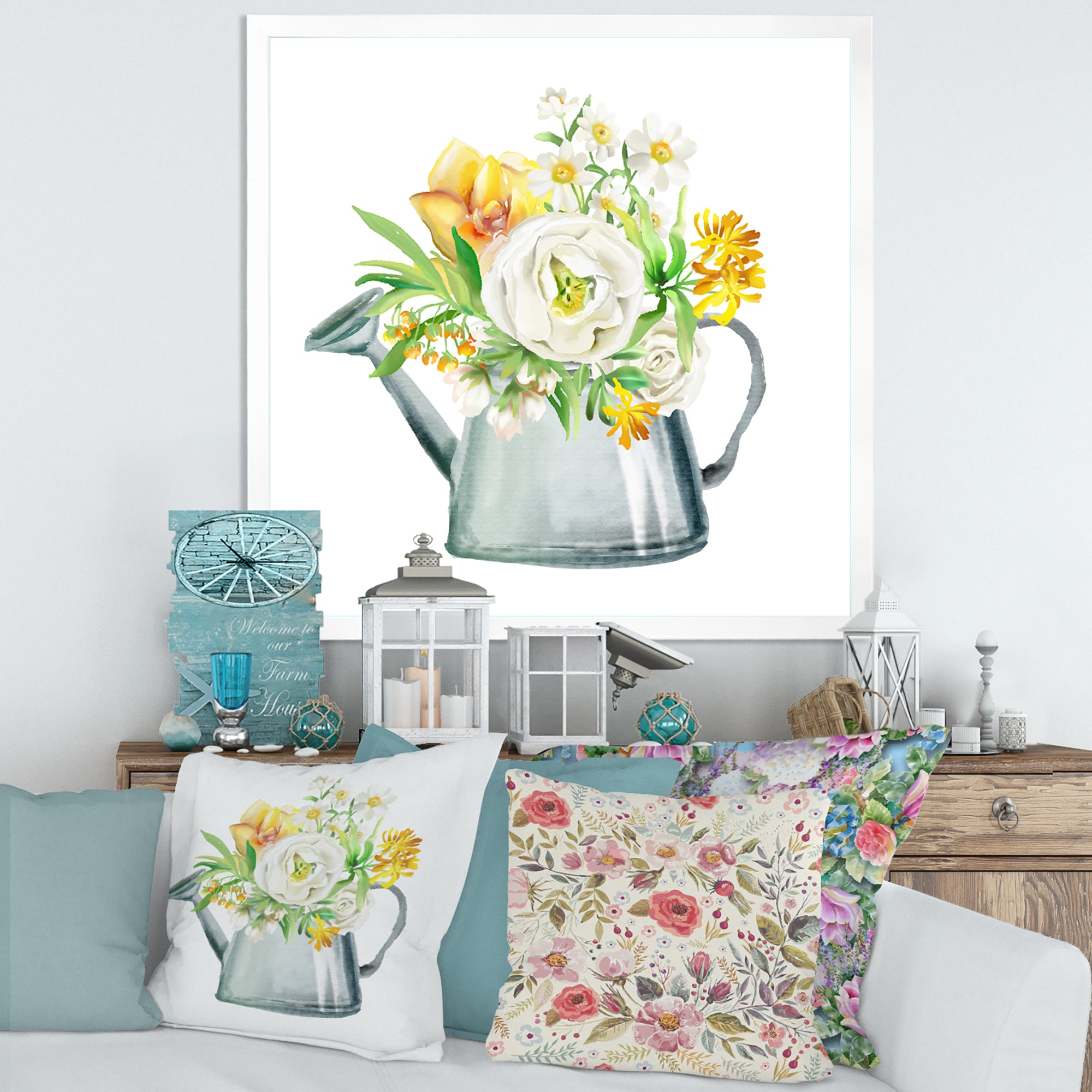 Roses Peonies & Marigolds In Garden Watering Can