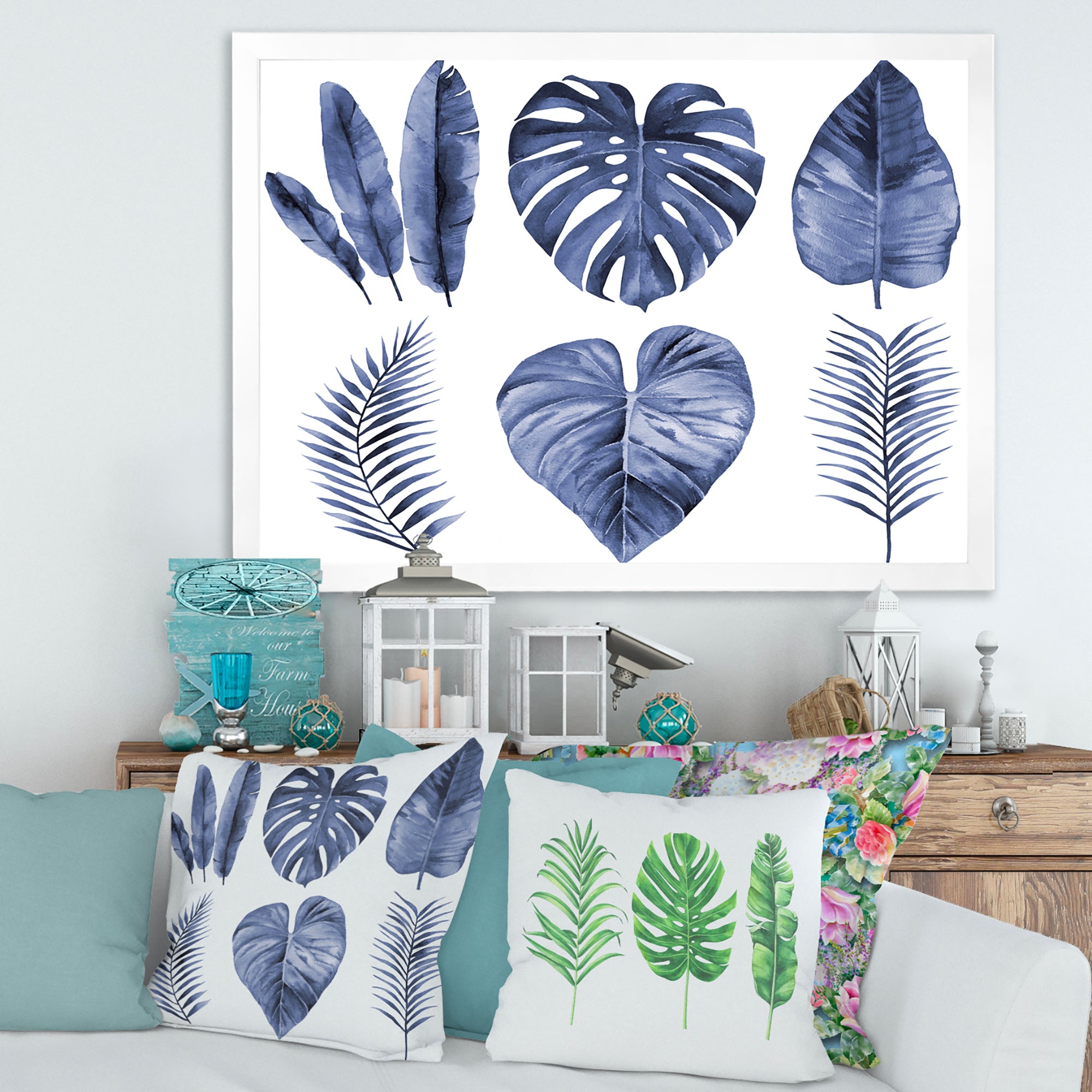 Tropical Blue Watercolour Leaves I