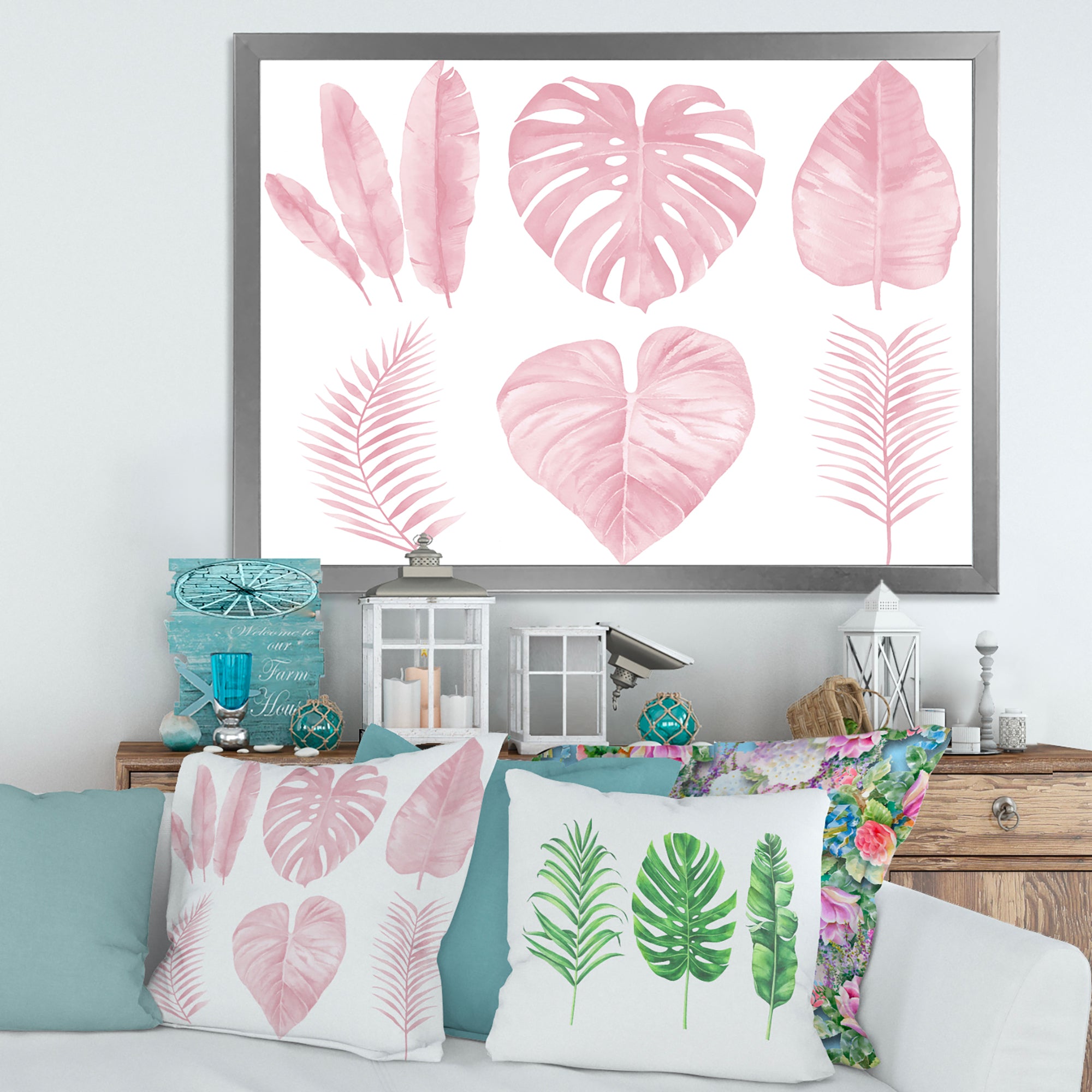 Tropical Pink Watercolour Leaves I