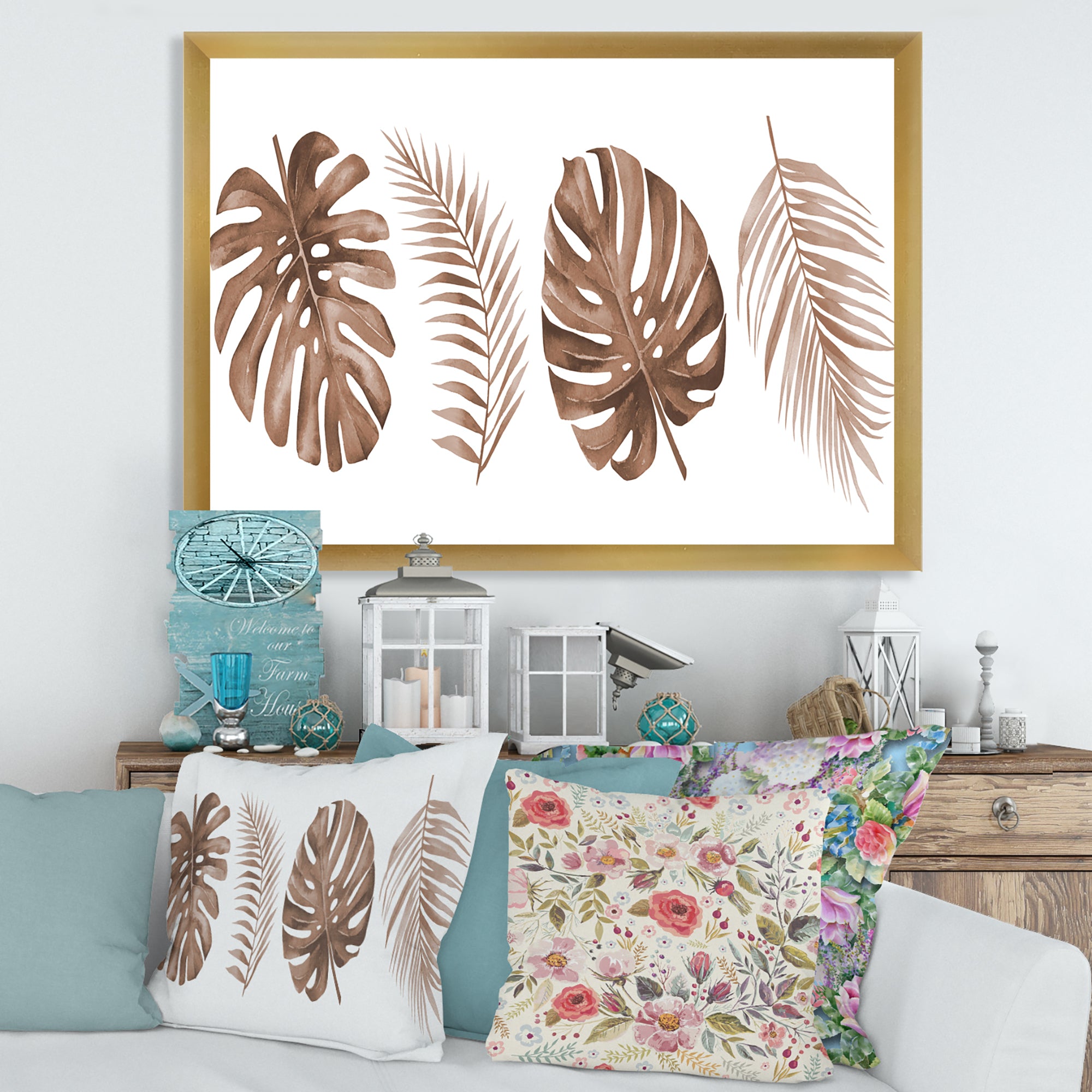 Tropical Monstera and Palm Leaf In Terracotta