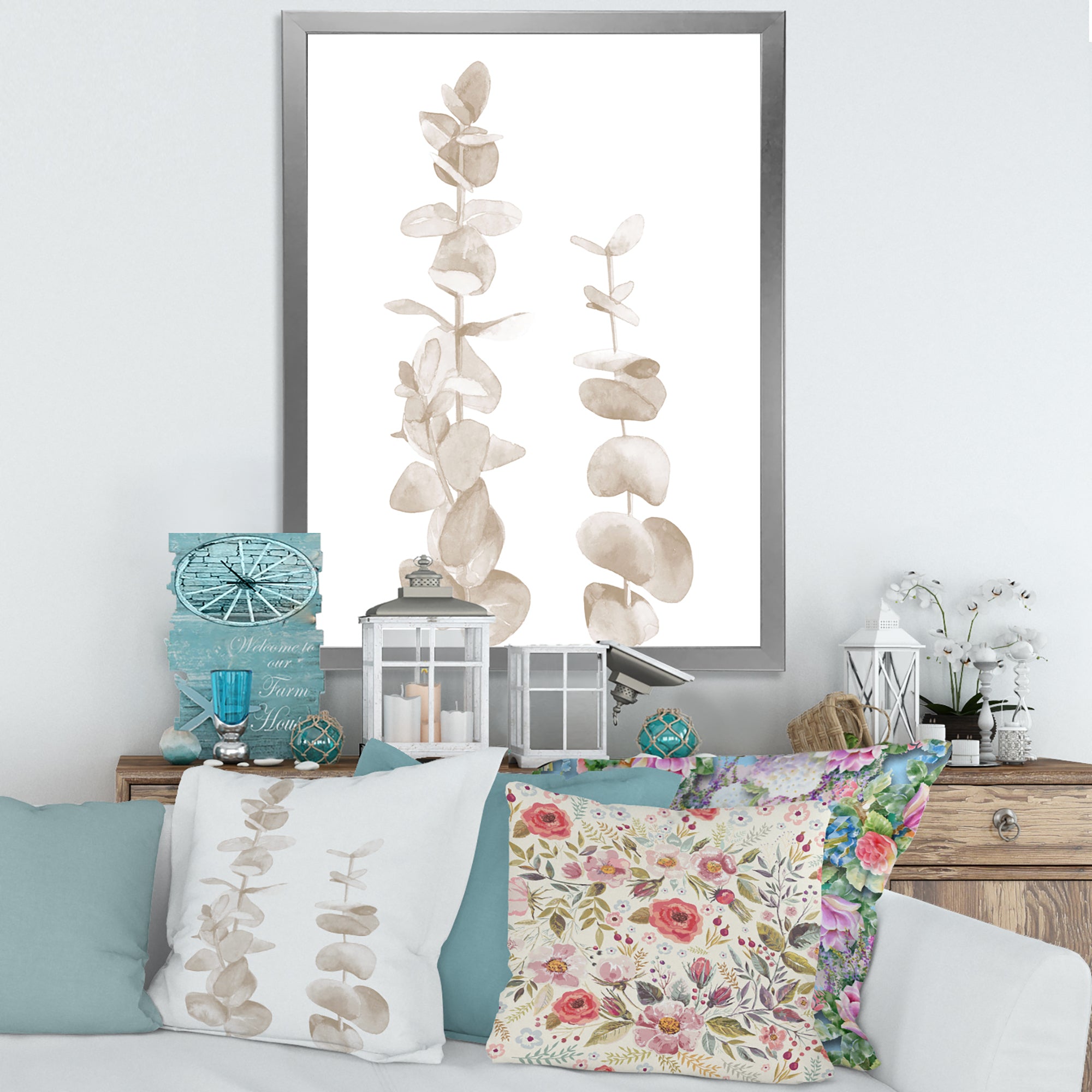 Beige Eucalyptus Branches On White