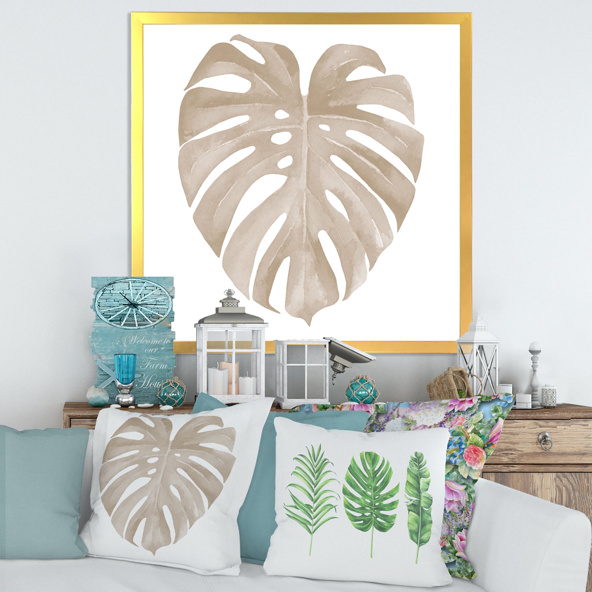 Ivory Pastel Monstera Heart Shaped Tropical Leaf