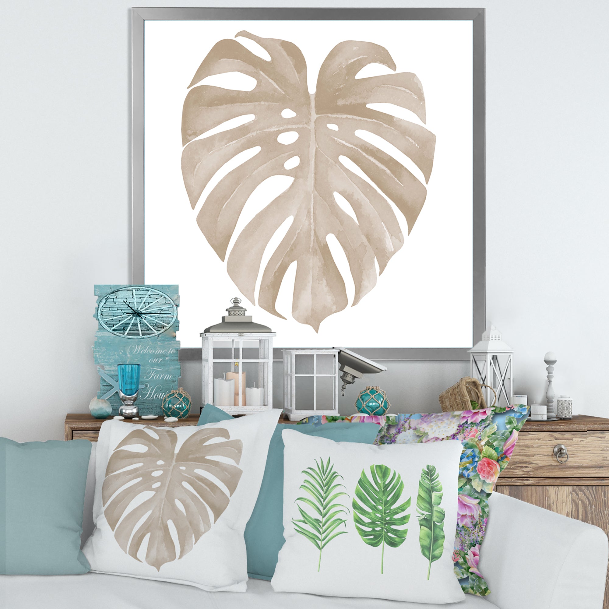 Ivory Pastel Monstera Heart Shaped Tropical Leaf