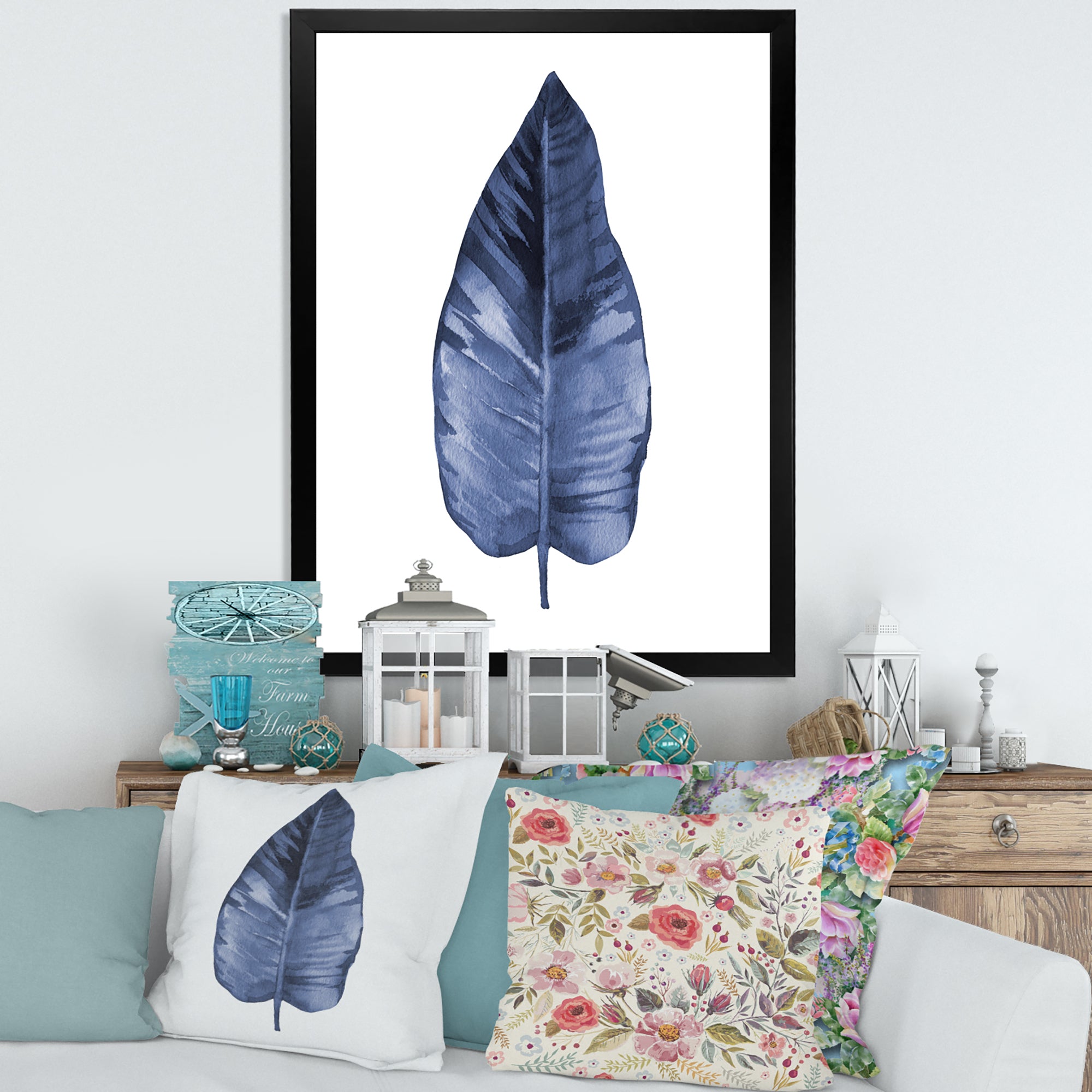 Blue Leaf Watercolour On White