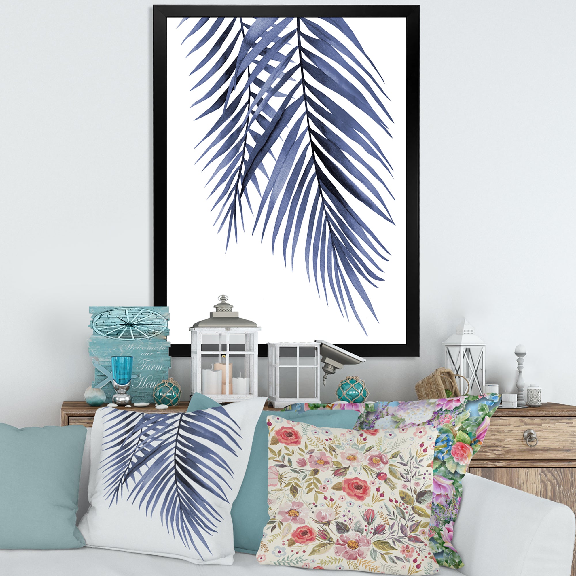 Blue Palm Leaves Abstract Tropical Branches