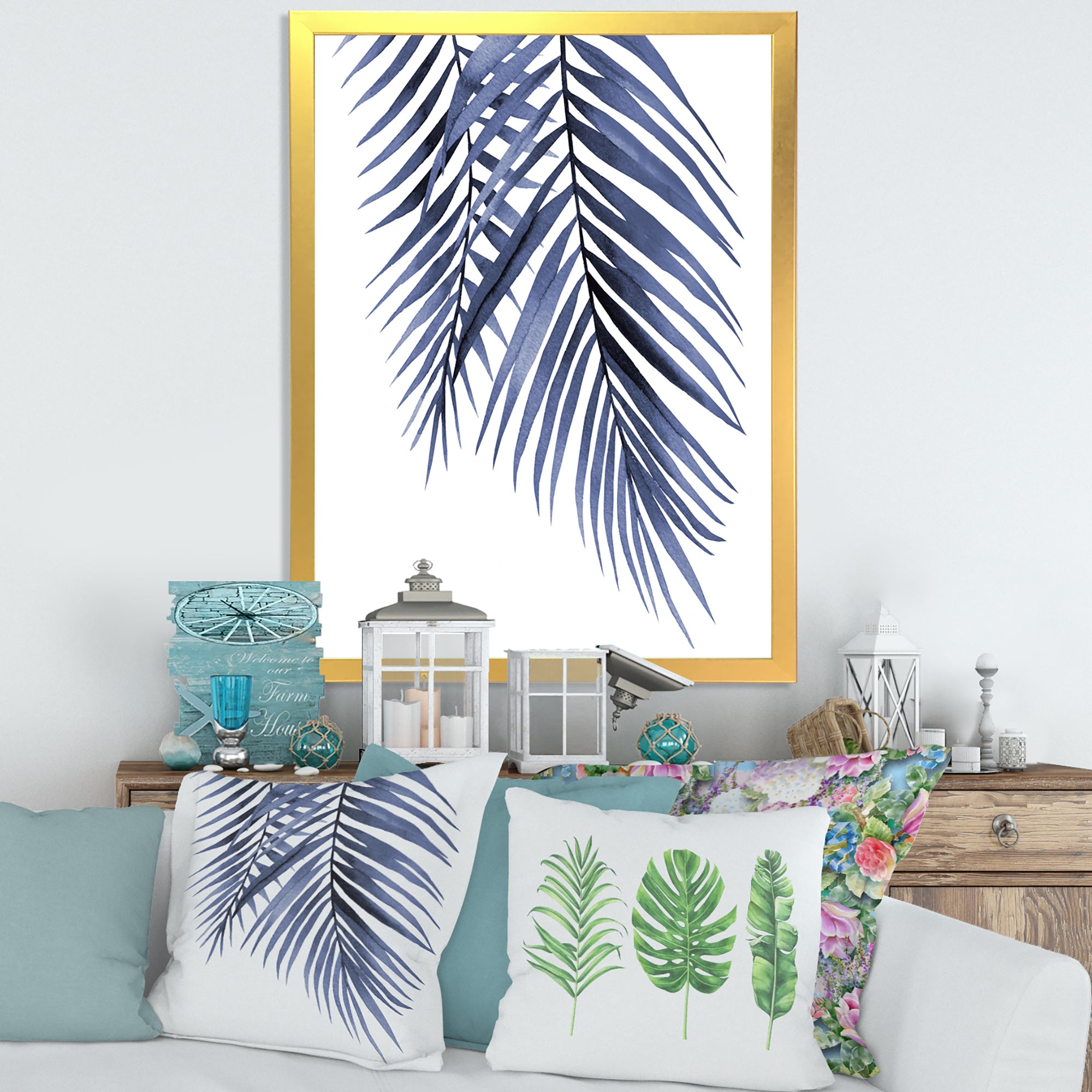 Blue Palm Leaves Abstract Tropical Branches