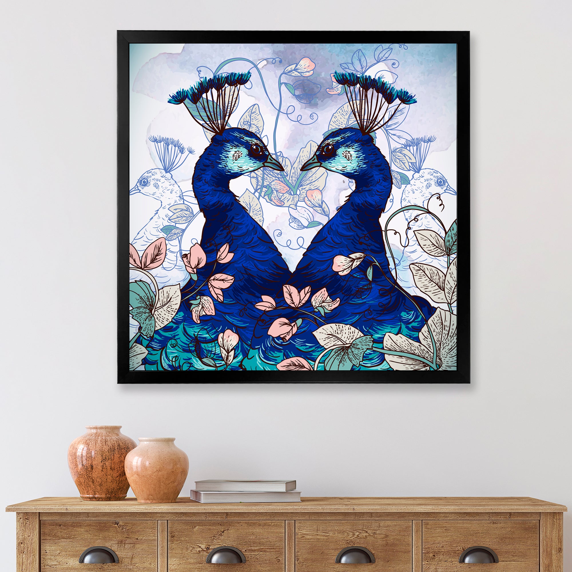 Two Blue Peacocks With Wildflowers