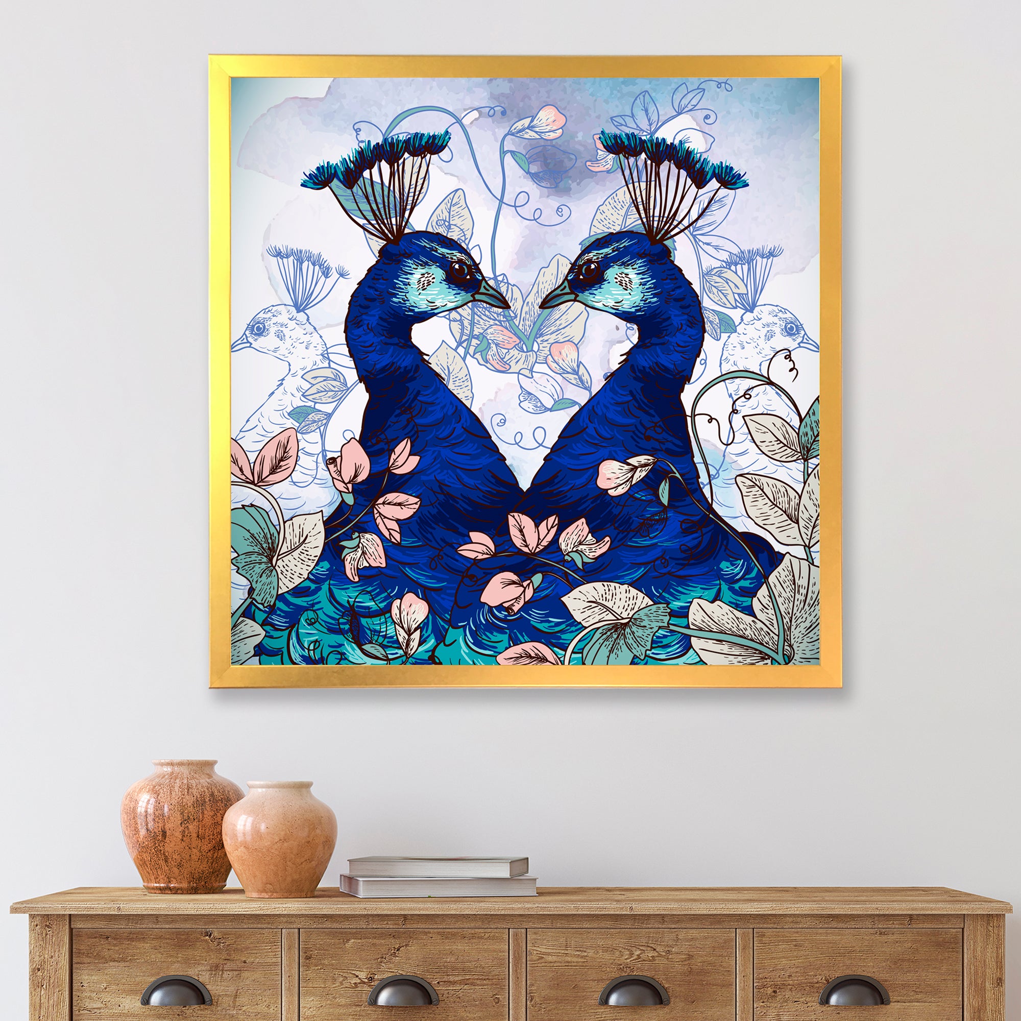 Two Blue Peacocks With Wildflowers