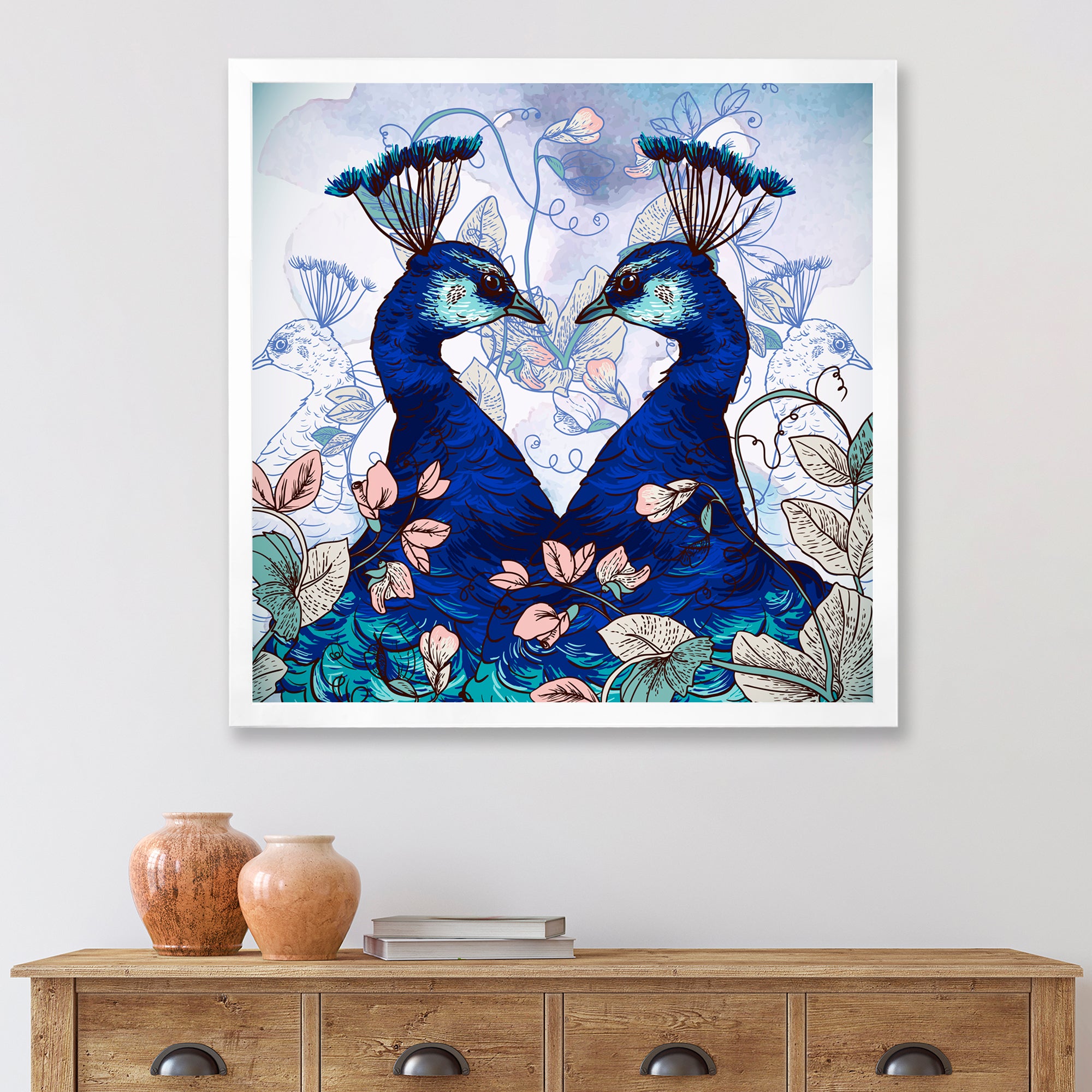 Two Blue Peacocks With Wildflowers