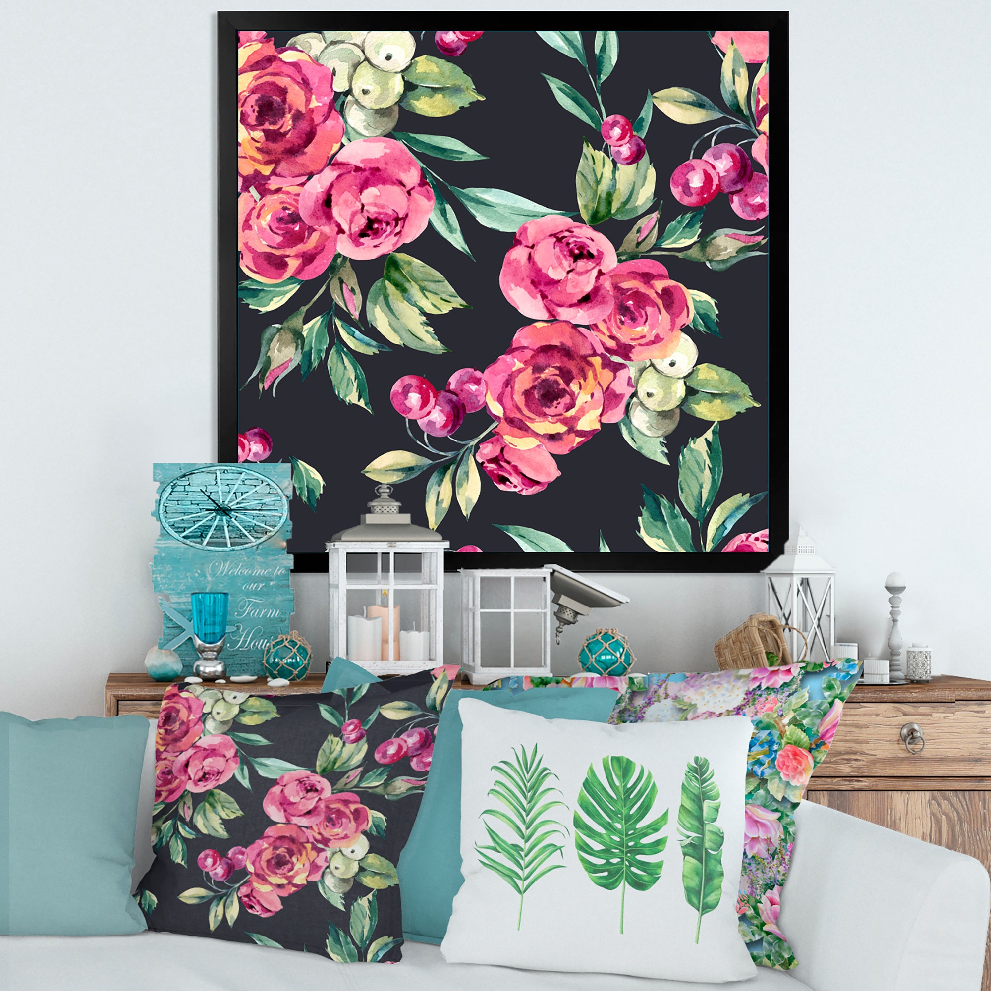 Red VIntage Roses and Berries On Black