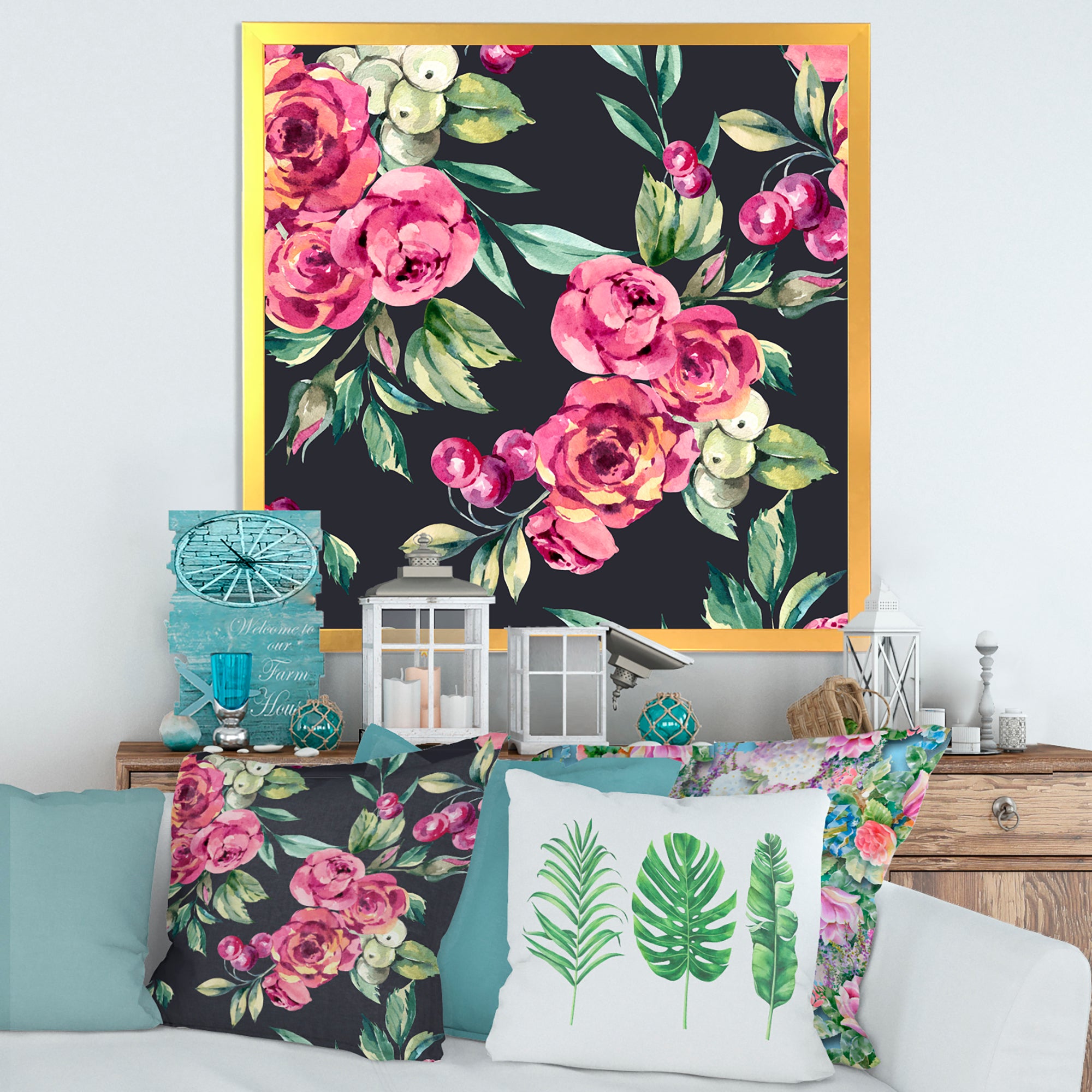 Red VIntage Roses and Berries On Black