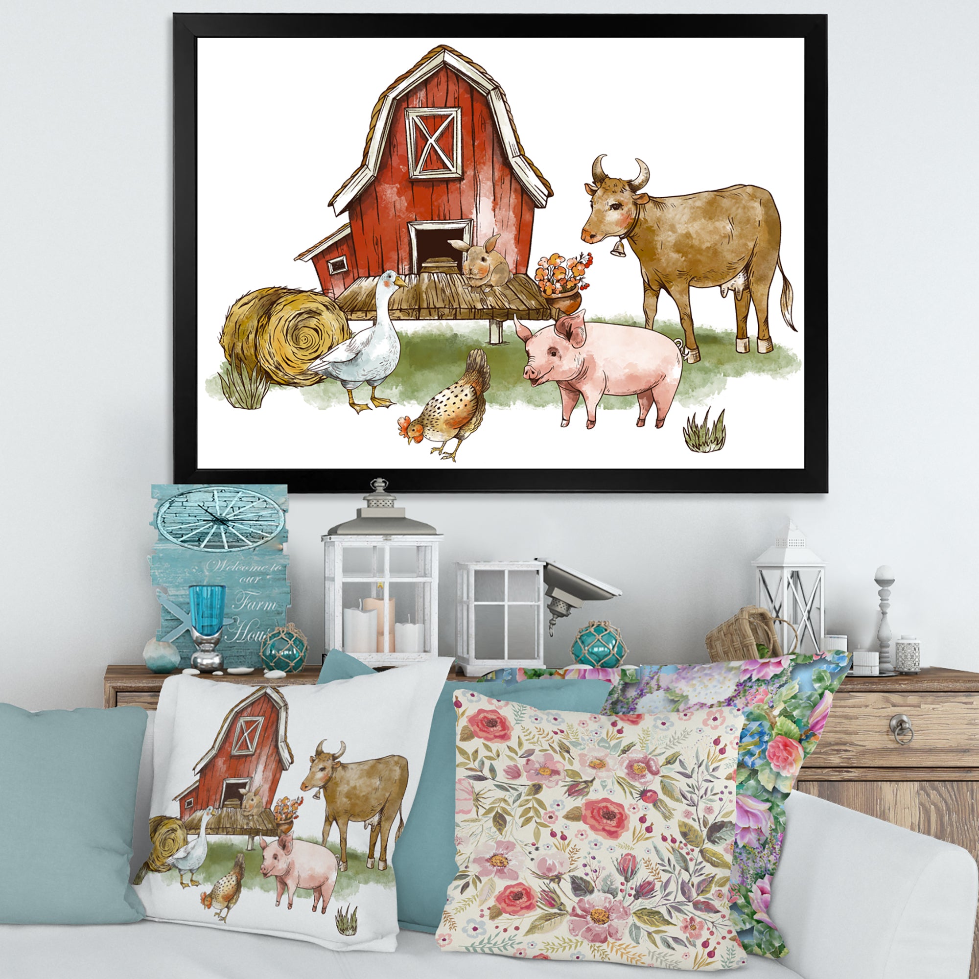 Farm House With Goose Chicken Cow Pig and Haystack