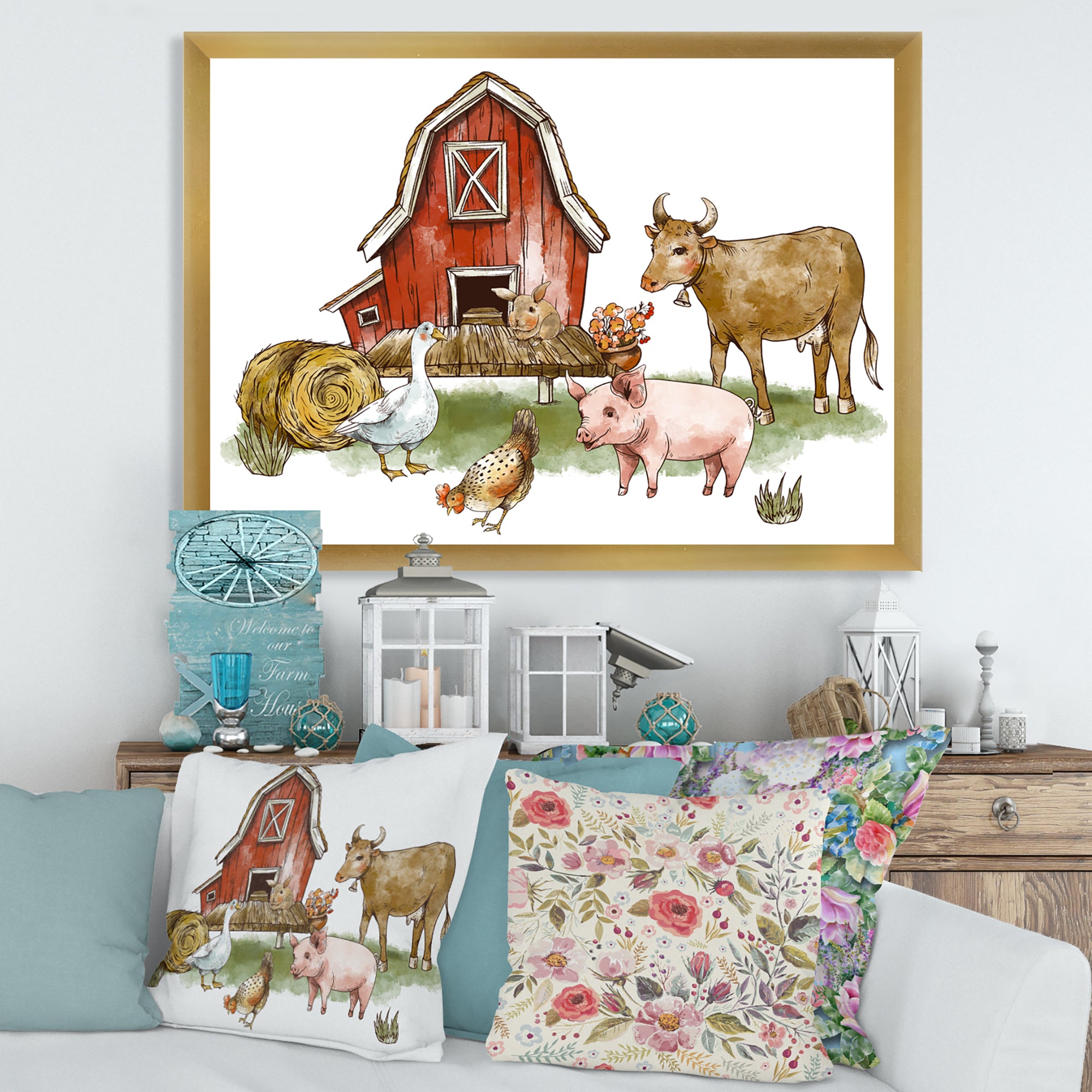 Farm House With Goose Chicken Cow Pig and Haystack