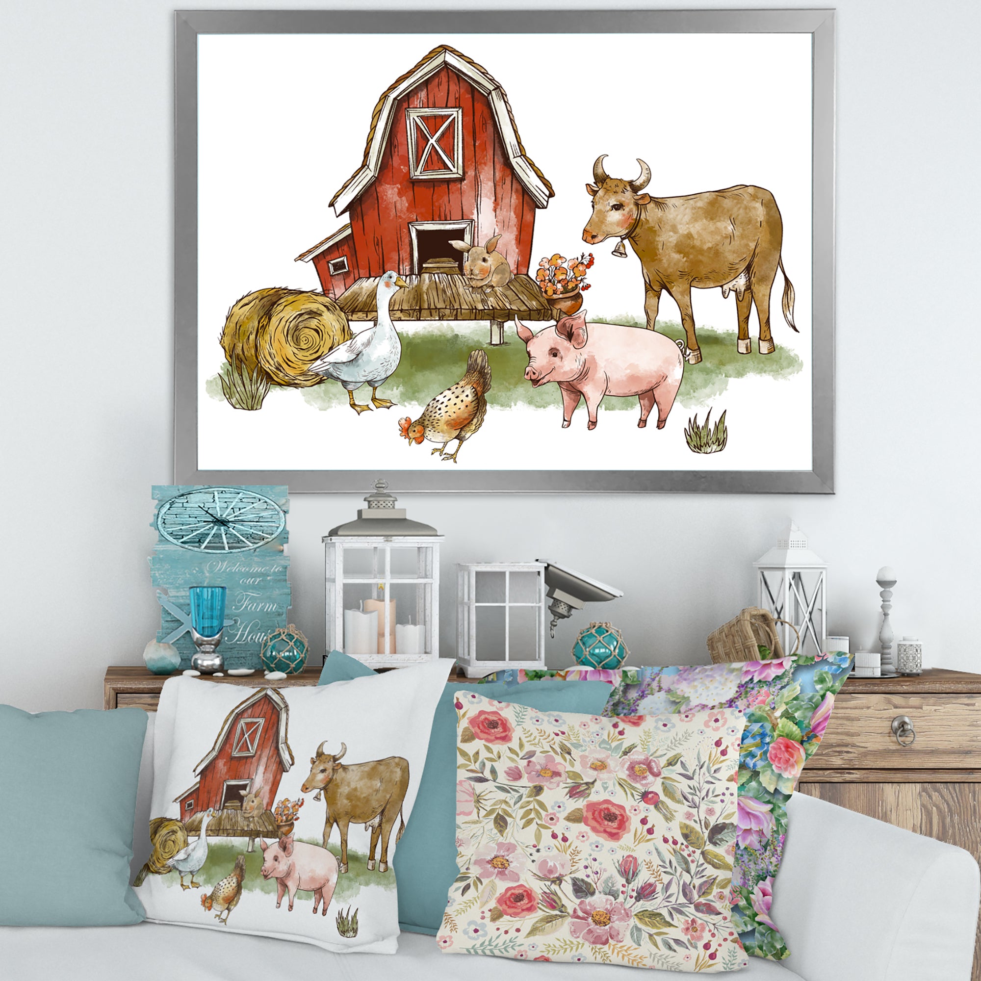 Farm House With Goose Chicken Cow Pig and Haystack