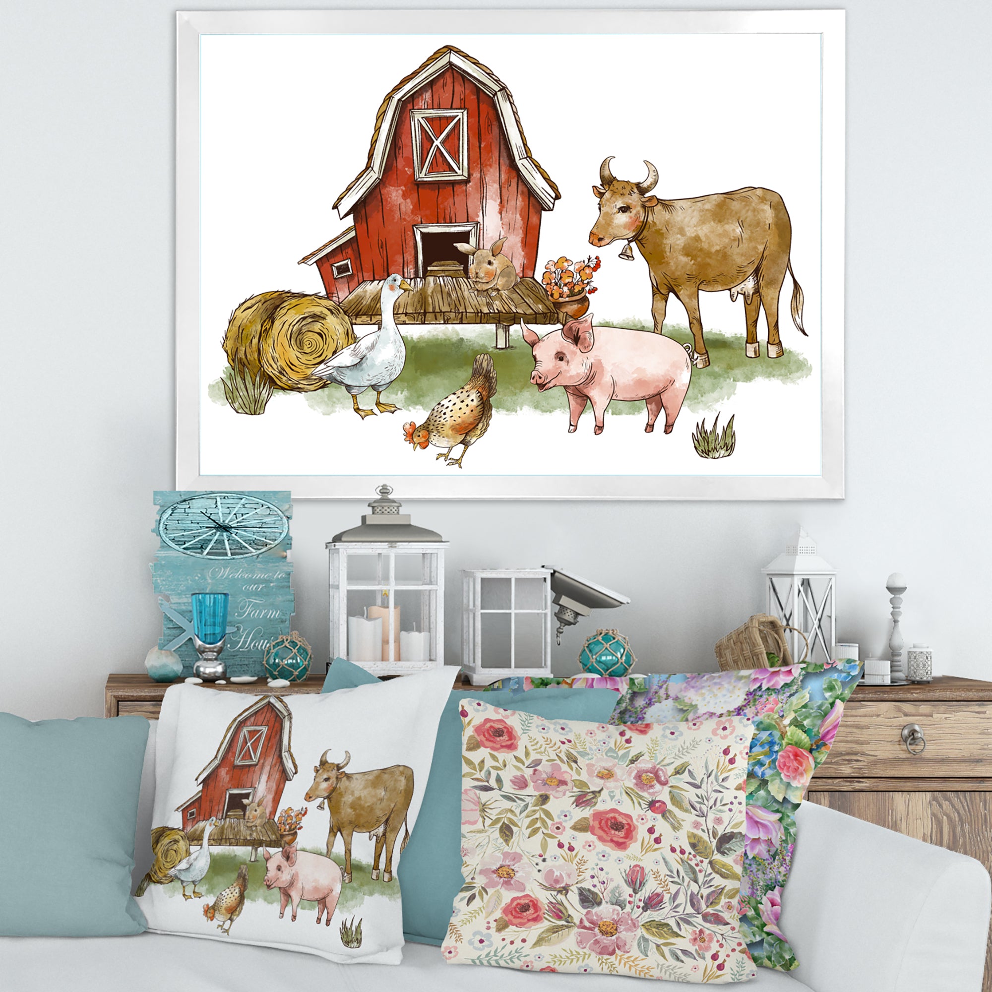 Farm House With Goose Chicken Cow Pig and Haystack