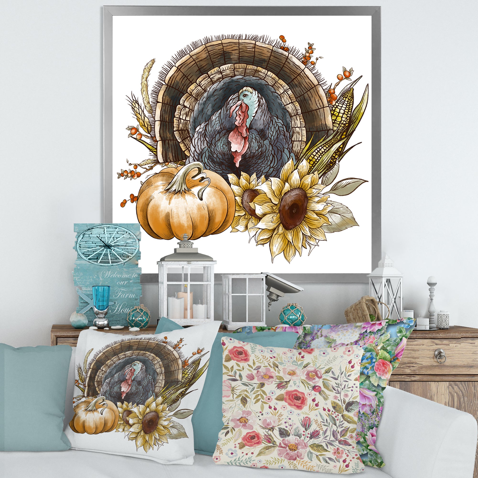 Thanksgiving Vintage Turkey Sunflowers and Pumpkin