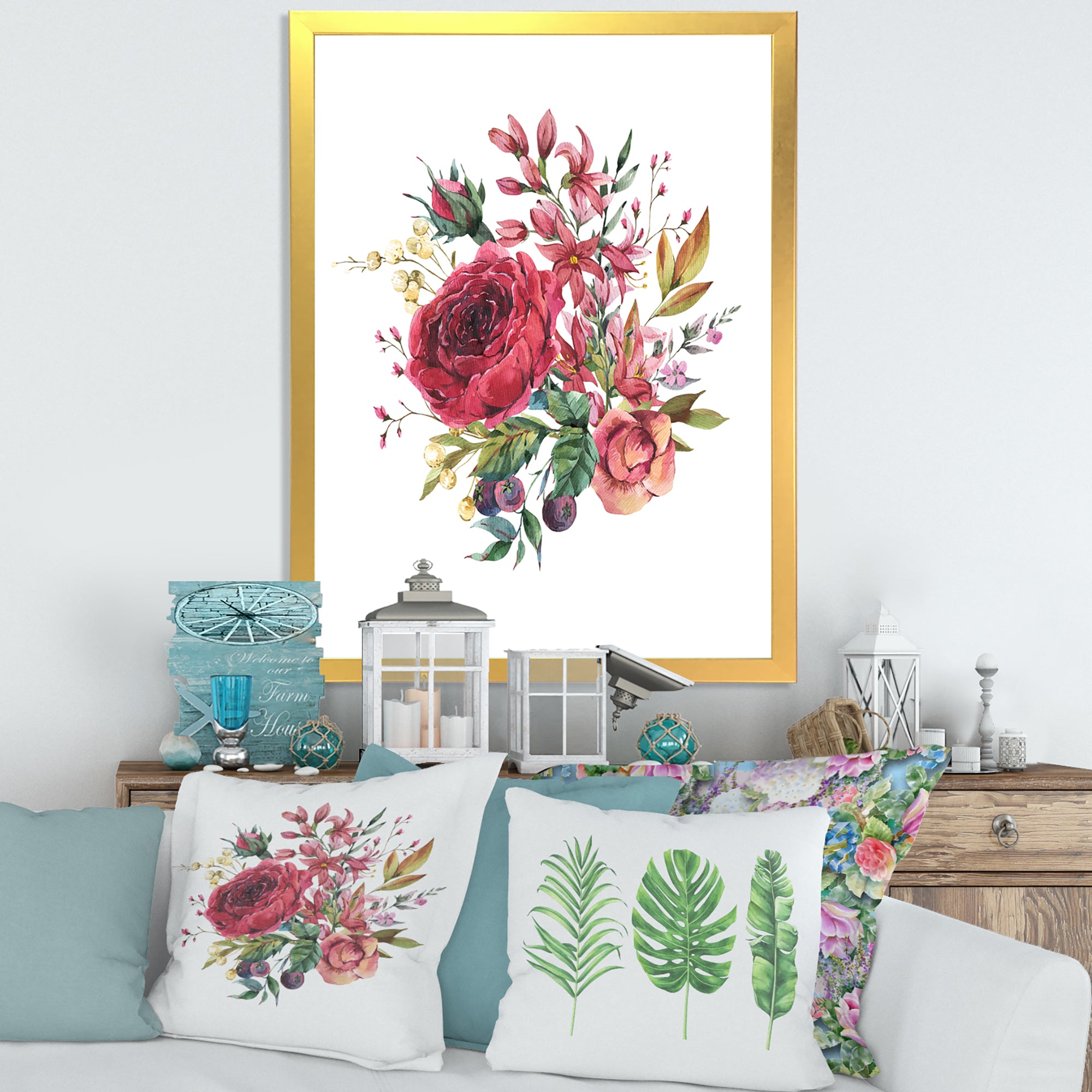 Vintage Burgundy Rose and Wildflowers