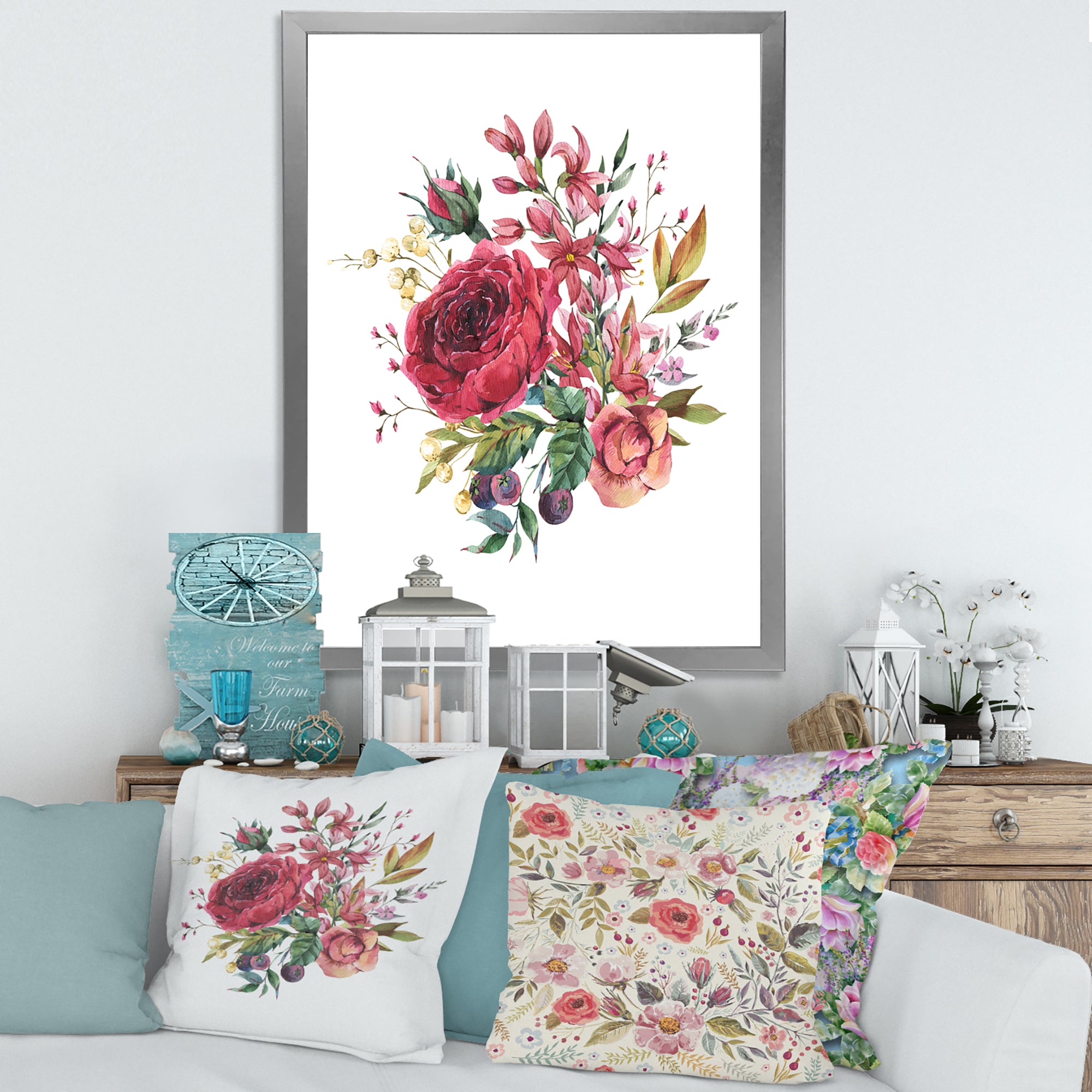 Vintage Burgundy Rose and Wildflowers