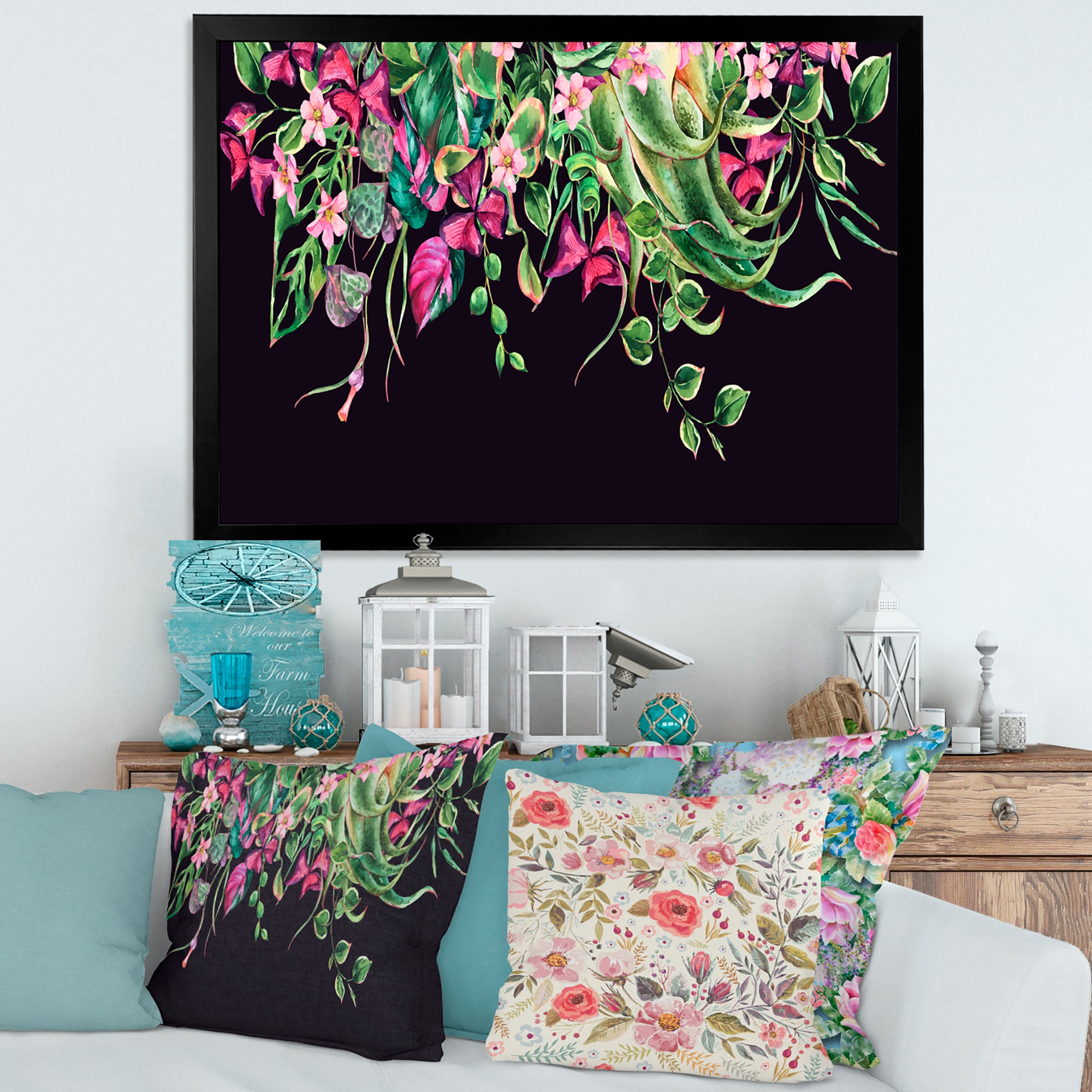 Floral Tropical Leaves Om Black