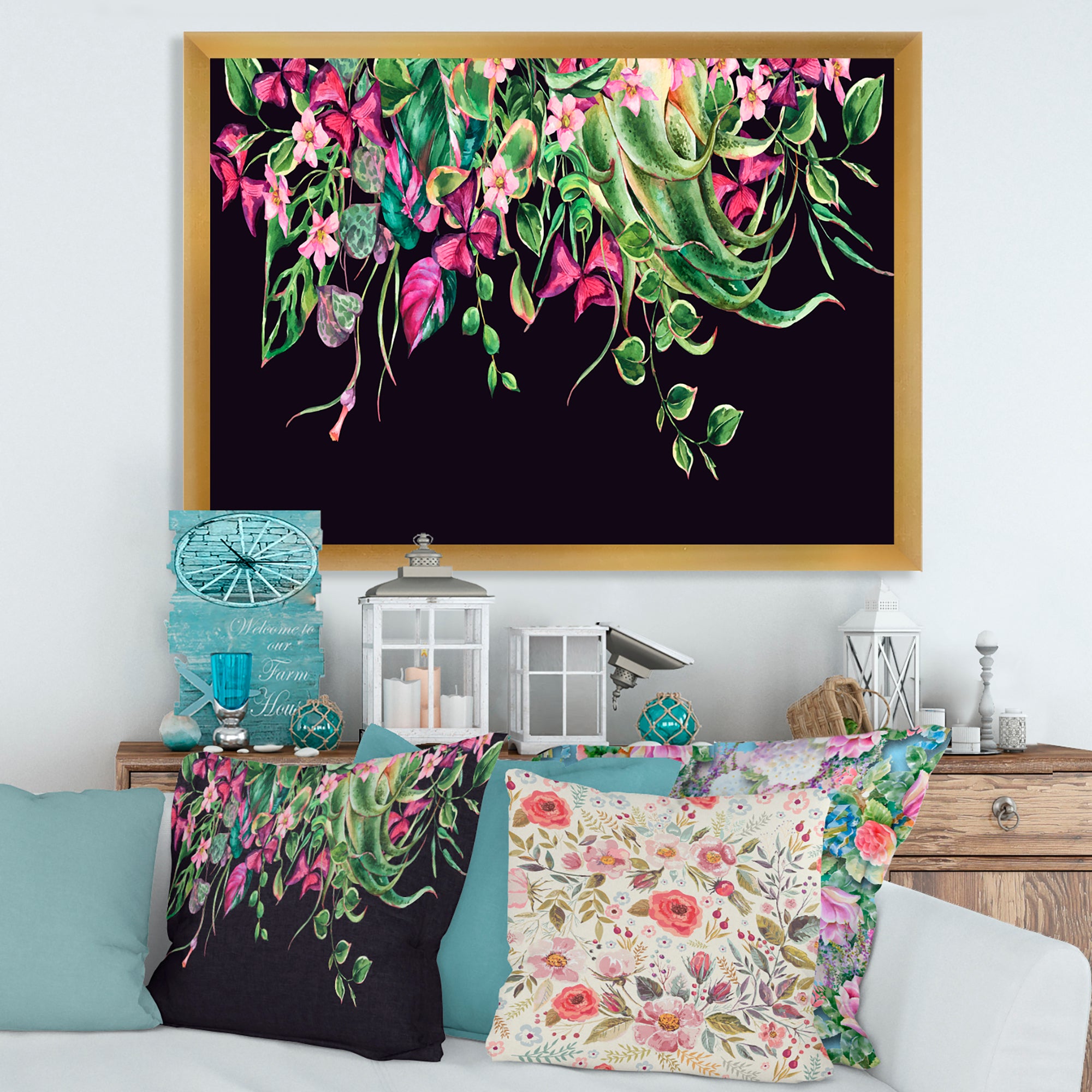 Floral Tropical Leaves Om Black