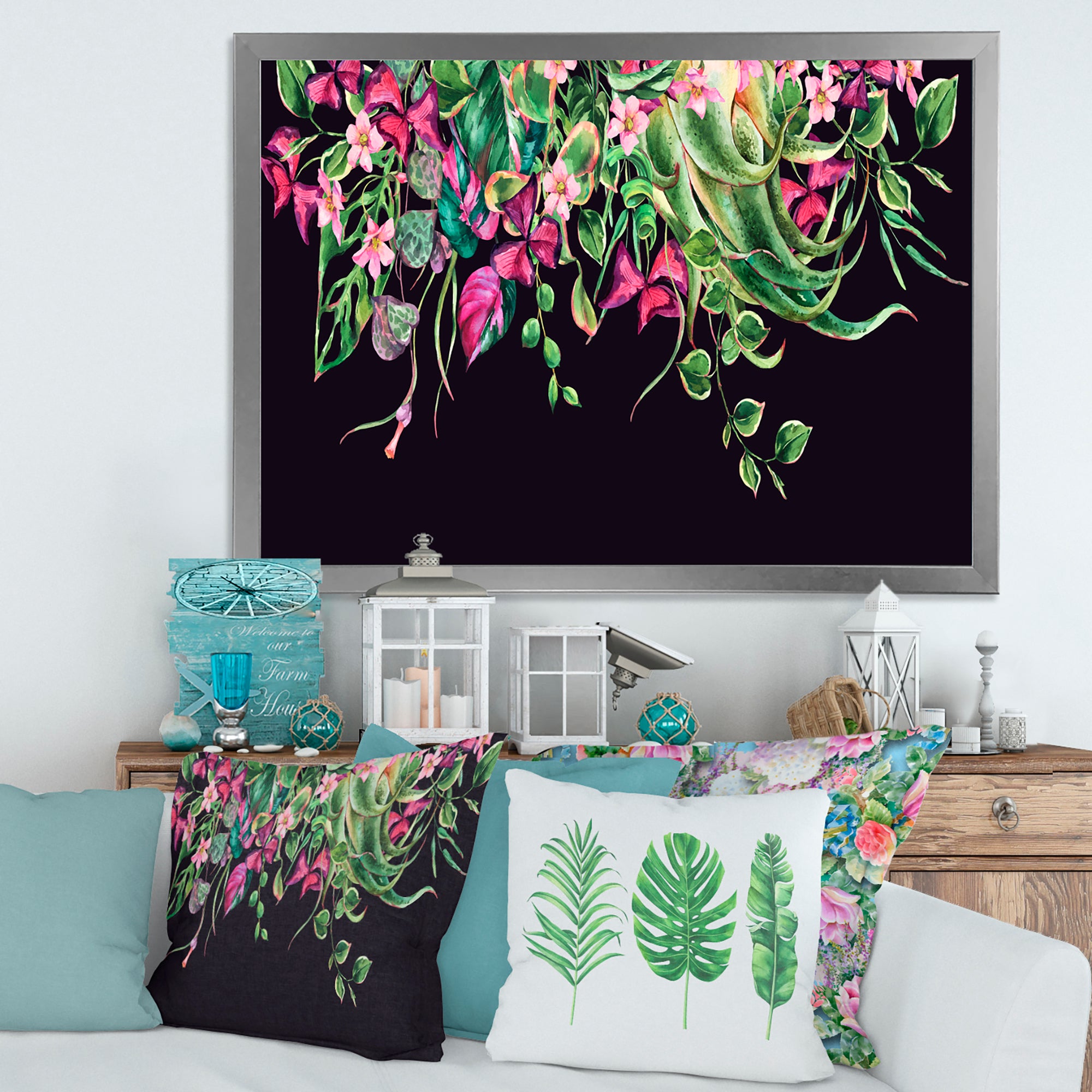 Floral Tropical Leaves Om Black