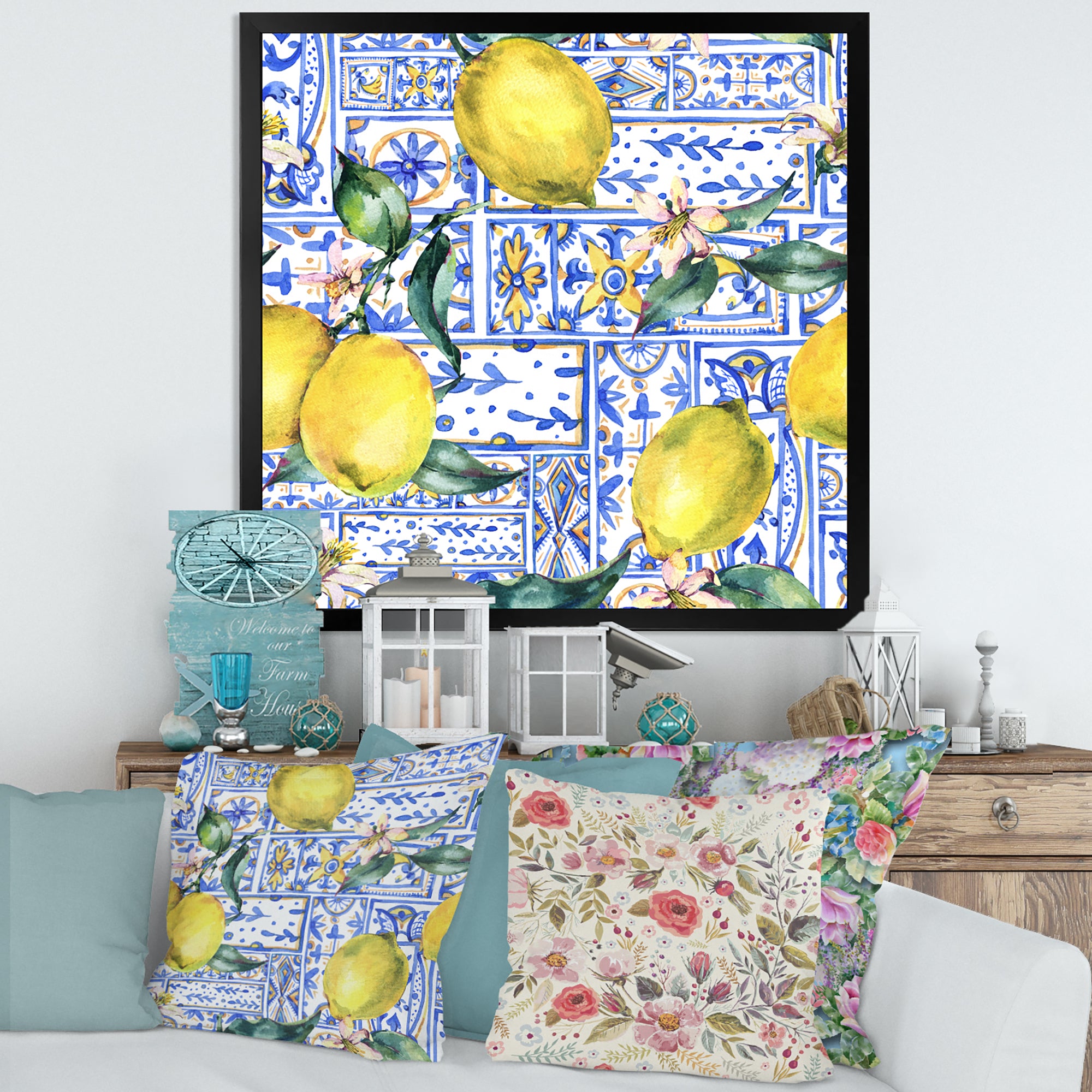 Lemon Ornament On Blue Geometrical Pattern I